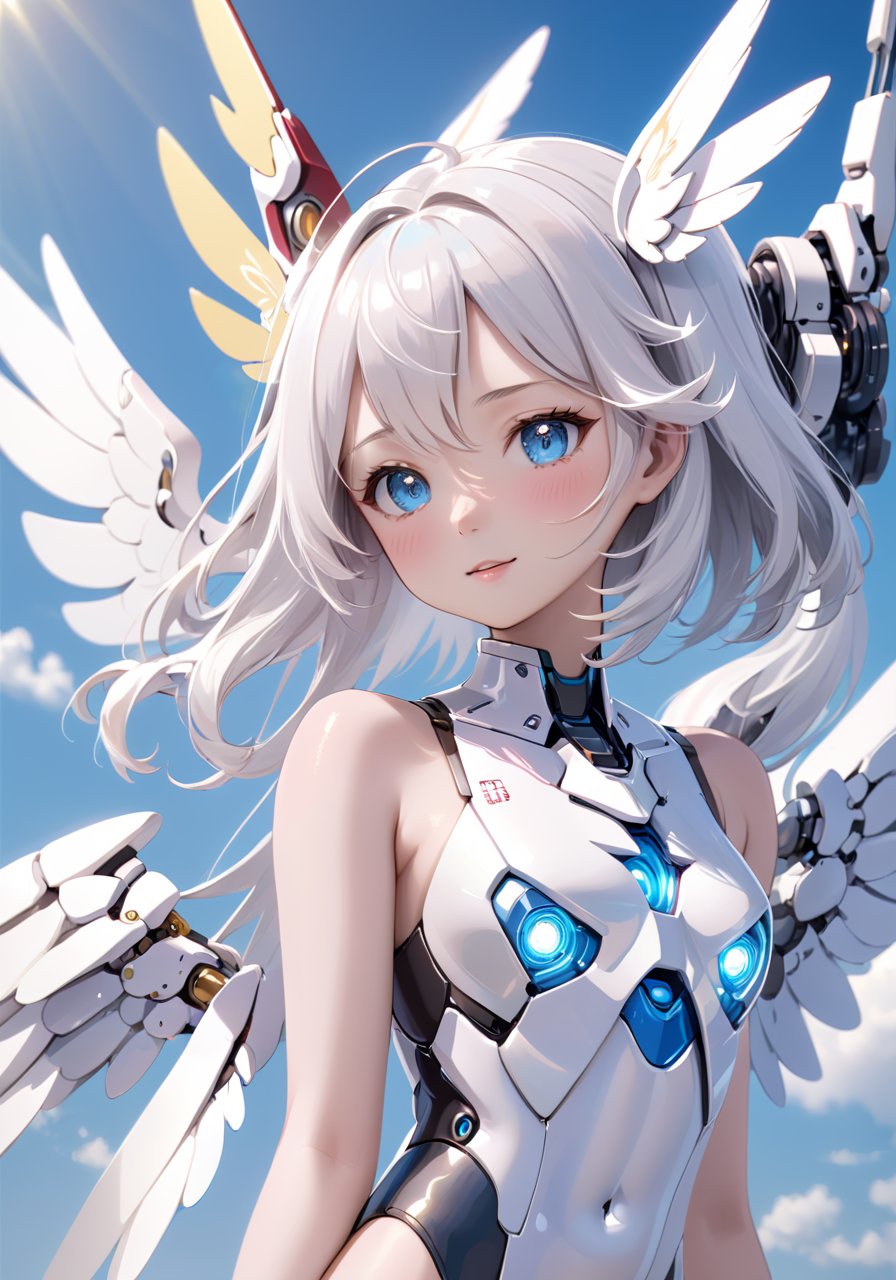 (masterpiece, best quality, great, highly detailed CG unity 8k wallpaper, depth of field, super fine illustration:1.5), illustration, CG, 3D, extremely detailed, (a mech girl:1.3), white color, smile, open mouth, long hair, (white hair, blue eyes:1.2), (sparkling eyes:1.3), cute face, kawaii, medium breasts, delicate hair, disheveled hair, floating hair, shiny hair, shiny skin, blue sky, white clouds, white wings, headgear, white hair ornament, (particles of light, cinematic lighting: 1.3), (light pink lips: 0.8),,mecha musume, robot, gundam, mecha, bodysuit, fortified suit, mechanical parts, robot joints, headgear, full armor