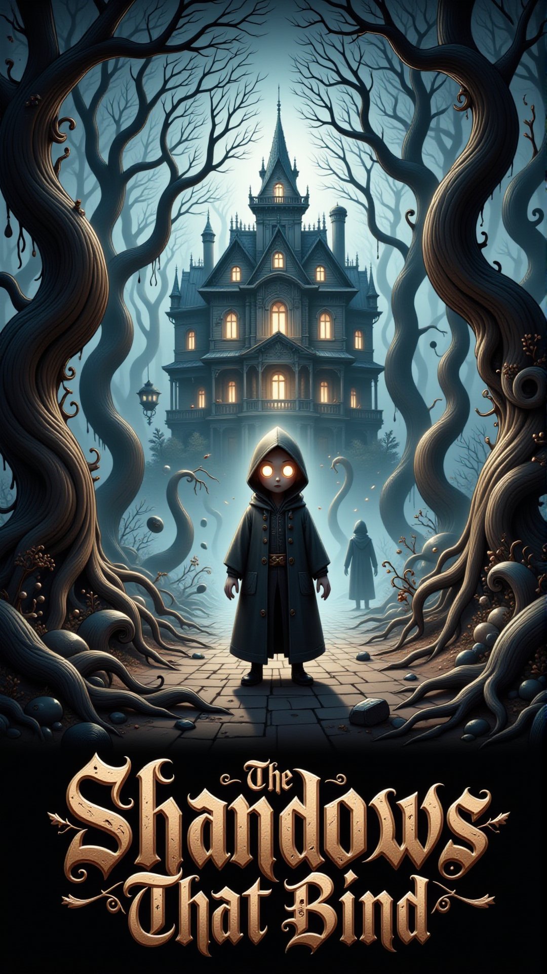 A lone, hooded figure stands at the edge of a crumbling, ancient forest, surrounded by whispering trees that seem to twist and writhe like living vines. In the distance, a sprawling, ornate mansion looms, its windows blazing with an otherworldly, pulsing light. The figure's face is obscured, but their eyes glow like embers, as if fueled by a fire that burns from within. The tagline, etched in rusted, gothic script, reads: "The Shadows That Bind."