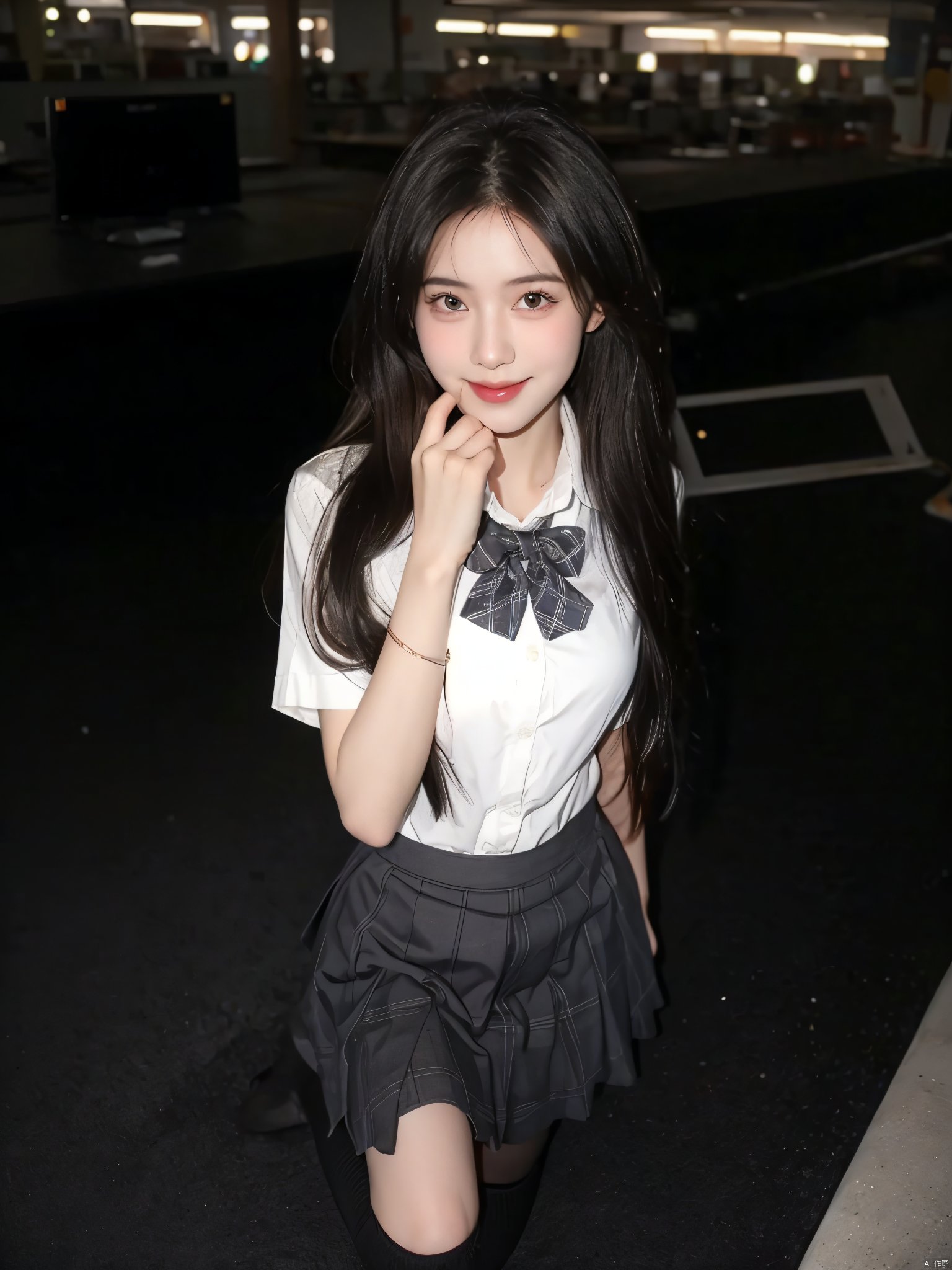 1girl, solo, long hair, looking at viewer, smile, skirt, shirt, black hair, sitting, school uniform, white shirt, short sleeves, socks, black eyes, head tilt, plaid, kneehighs, cosplay, plaid skirt, ground vehicle, black socks, hand on own face, realistic, hand on own cheek<lora:EMS-15286-EMS:0.800000>, <lora:EMS-14530-EMS:1.000000>