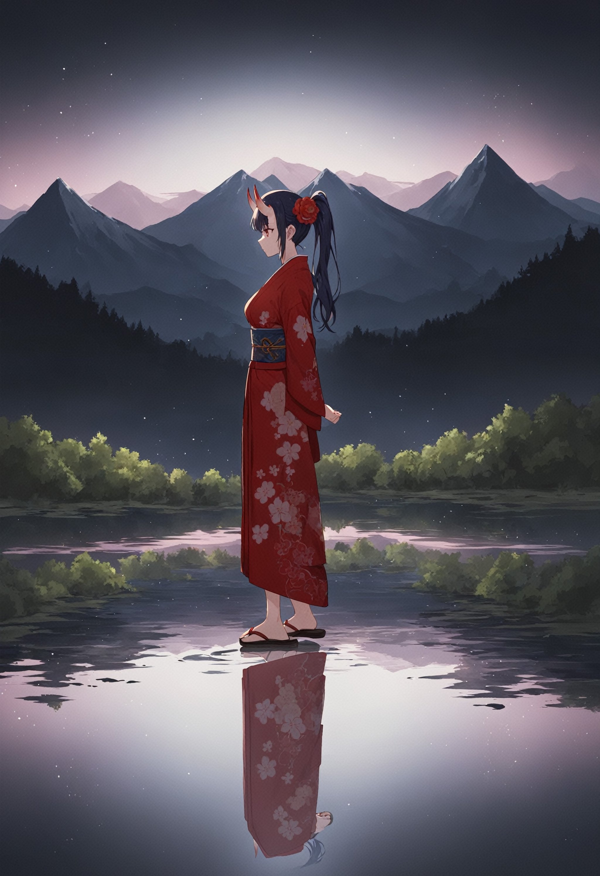 score_9, score_8_up, score_7_up, BREAKdetailed, aesthetic, 1girl, ethereal lighting, purple, nighttime, darkness, surreal art, fantasy, glowing, night, (dark environment), oni horns, long hair, side ponytail, red kimono, floral print, hair flower, sash, haori, scenery, ink, mountains, water, trees, full body, reflection, light, arm behind back, sandals, from side