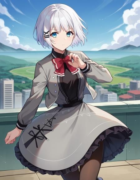 score_9, score_8_up, score_7_up, source_anime,siesta, <lora:siesta-ponyxl-lora-nochekaiser:1>,siesta, short hair, bangs, blue eyes, hair ornament, white hair, hairclip,dress, bow, bowtie, red bow, red bowtie, shirt, long sleeves, jacket, pantyhose, frills, shoes, grey jacket, open clothes, black shirt,outdoors, cityscape,looking at viewer, cowboy shot, dynamic pose,