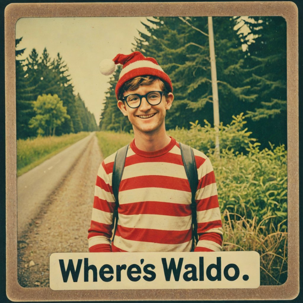 Faded Polaroid Photo of Photo of wheres waldo on a missing sign that says "wheres waldo" <lora:Freddy Krueger:1>Freddy Kruege, analog, old faded photo, old polaroid
