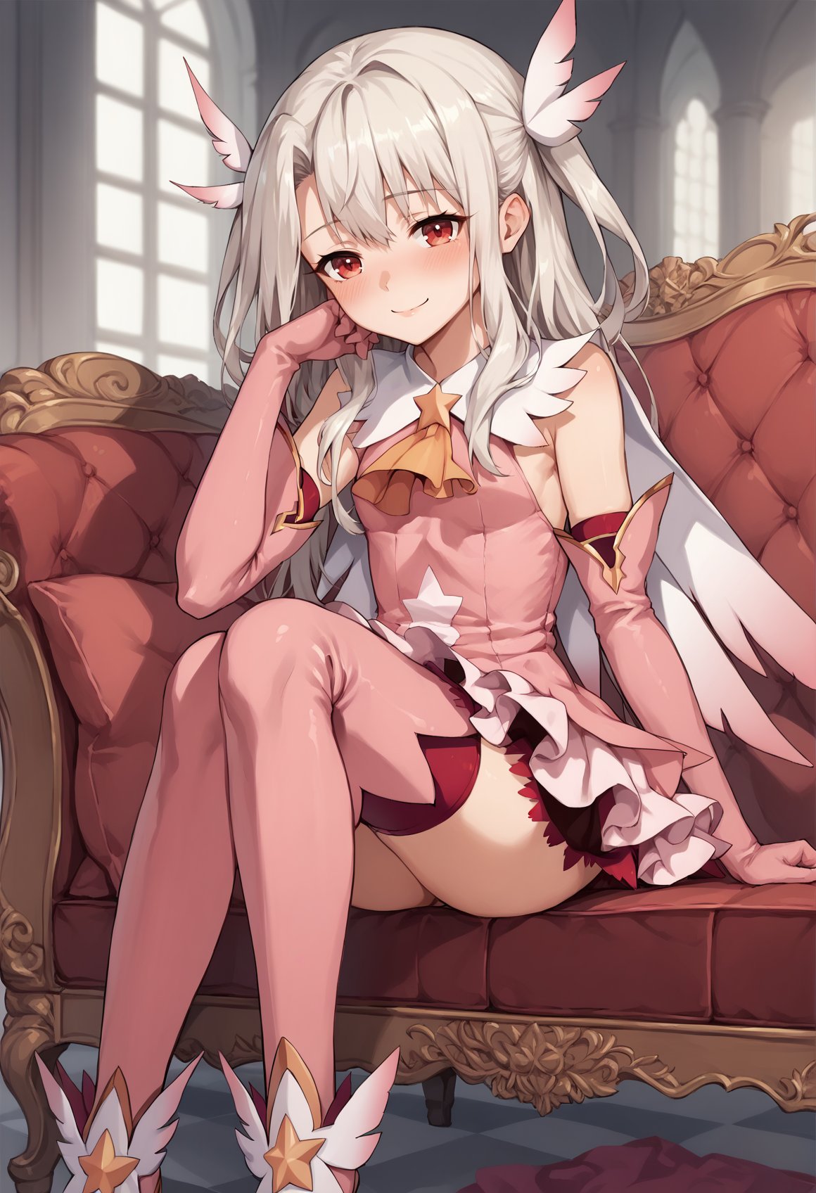 1girl, white hair, red eyes, long hair, twin tails, hair ornament, feathers, pink dress, elbow gloves, magical girl, pink thigh Boots, sitting, indoors, couch, seductive smile, blushing, head on knee, mansion  <lora:Illya_IQ2:1>, score_9, score_8_up, score_7_up, score_6_up, score_5_up, score_4_up, BREAK source_anime, masterpiece