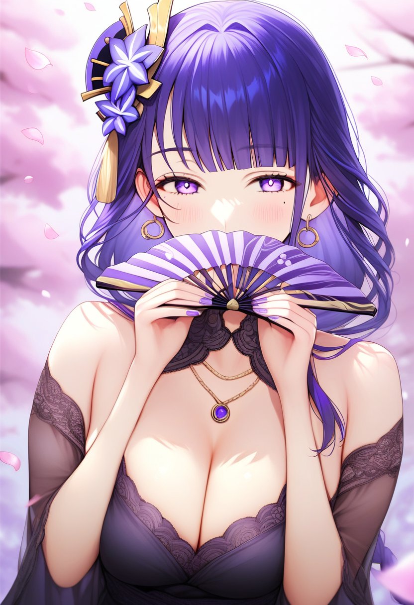 score_9, score_8_up, score_7_up, score_6_up, source_anime,<lora:DJC 0.1v:1>, DJC,1girl, raiden shogun, hair ornament, solo, mole under eye, breasts, purple eyes, flower, purple hair, hand fan, hair flower, jewelry, mole, long hair, earrings, holding, looking at viewer, purple nails, upper body, cleavage, bangs, holding fan, large breasts, petals, bug, nail polish, butterfly, purple flower, folding fan, blurry, necklace, braid, covering mouth, dress, blurry background, falling petals, blush, blunt bangs, alternate costume, black dress, trees