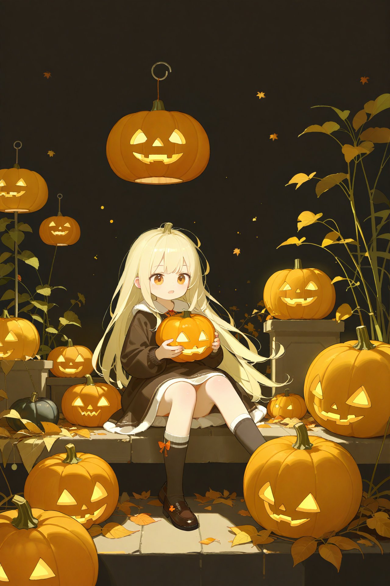 artist:ciloranko,artist:chenbin,artist:tianliang duohe fangdongye,bright outline,,1girl, solo, long_hair, blonde_hair, sitting, socks, pumpkin, lantern