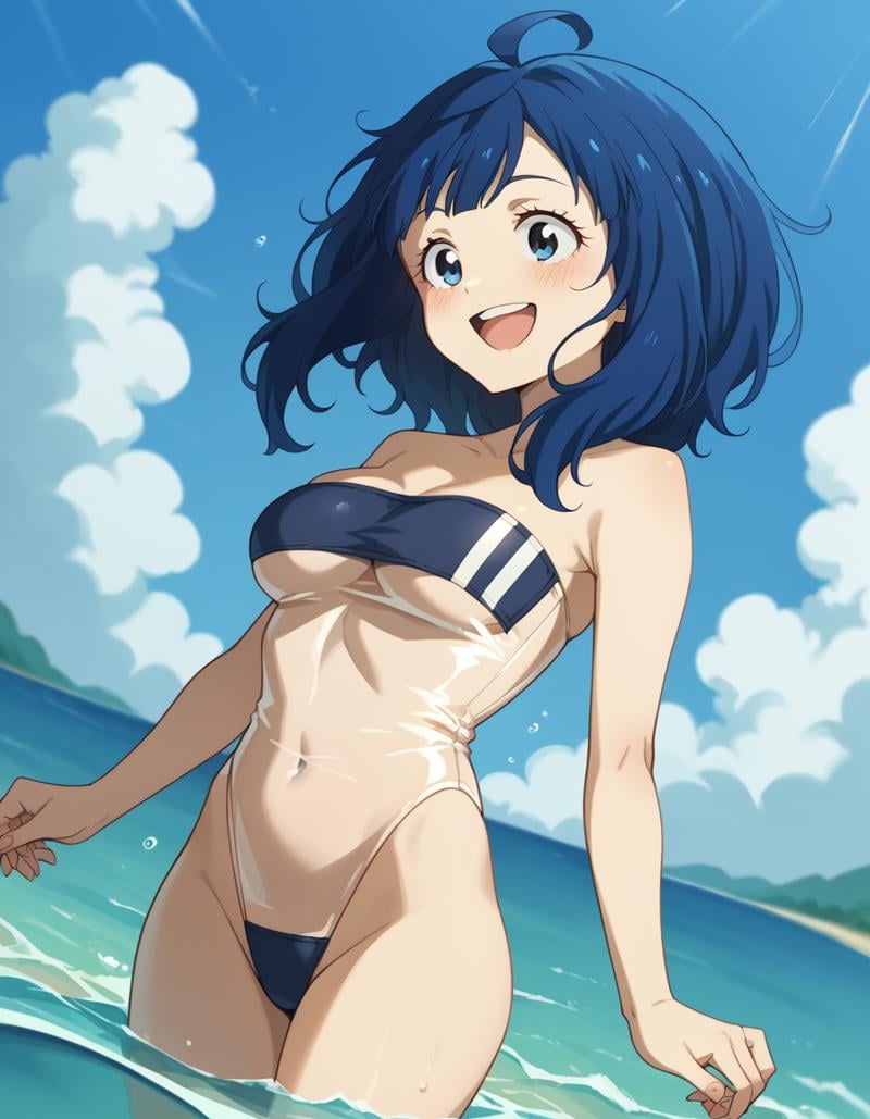 score_9, score_8_up, score_7_up, source_anime, <lora:anna-yanami-alpha-ponyxl-lora-nochekaiser:1>, anna yanami, medium hair, blue eyes, ahoge, blue hair, <lora:gris-swimsuit-ponyxl-lora-nochekaiser:1>, gris swimsuit, see-through one-piece swimsuit, strapless one-piece swimsuit, double verticle stripe, highleg swimsuit, covered navel, see-through, strapless, underboob,, outdoors, beach, submerged, water, blush, smile, open mouth, , cowboy shot, dutch angle