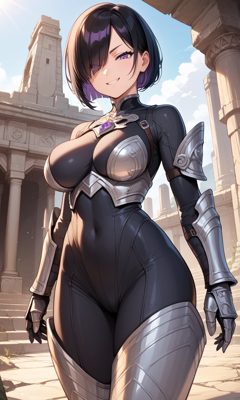 score_9, score_8_up, score_7_up, score_6_up, score_5_up, score_4_up, source_anime, BREAK, highres, official art, detailed face and eyes, face focus, solo focus, cinematic darkness, smug woman, large breasts, wide hips, short black hair with sideswept bangs, hair over one eye, violet eyes, skintight bodysuit, armored gauntlets and greaves, overgrown stone temple