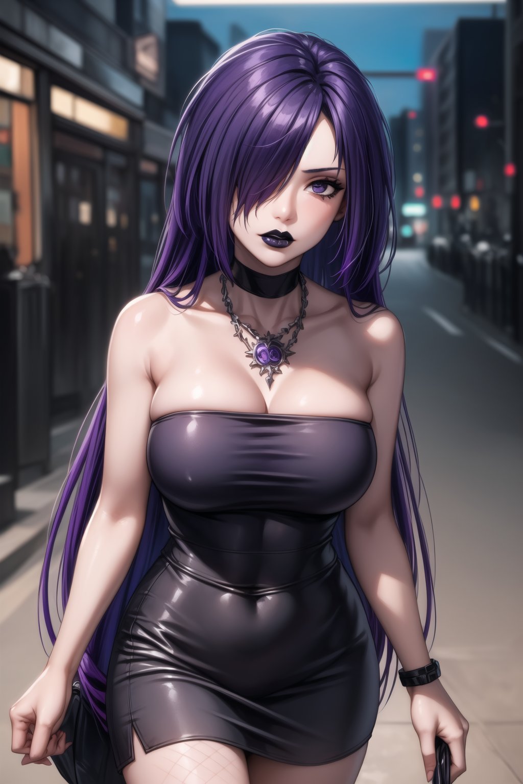 ((best quality)), ((highly detailed)), masterpiece, ((official art)), detailed face, beautiful face, (detailed eyes, deep eyes), seductive posing, (cowboy shot),sumire kakei, purple eyes,, (sexy:1.3), (long straight purple  hair, dark purple  hair, long straight hair, hair covering one eye:1.5), long straight hair:1.3,(makeup, black lips:1.3),(  pale white skin, very white skin, goth, long eyelashes, medium to big breasts, black necklace, black fishnet shirt, black tube top, black fishnet shirt over black tube top, black skirt, city street, nighttime)), intricately detailed, hyperdetailed, blurry background, depth of field, best quality, masterpiece, intricate details, tonemapping, sharp focus, hyper detailed, trending on Artstation, 1 girl, high res, official art<lora:EMS-93-EMS:0.600000>, <lora:EMS-31593-EMS:0.200000>, <lora:EMS-28161-EMS:0.300000>, <lora:EMS-401523-EMS:0.800000>, <lora:EMS-60783-EMS:0.600000>