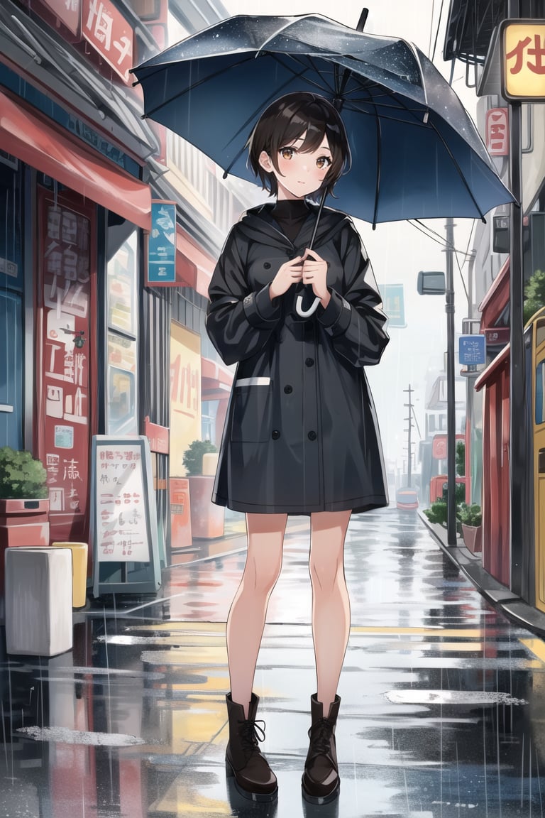 1girl, solo, short hair, brown eyes, raincoat, city, rain, holding umbrella, looking at viewer, 