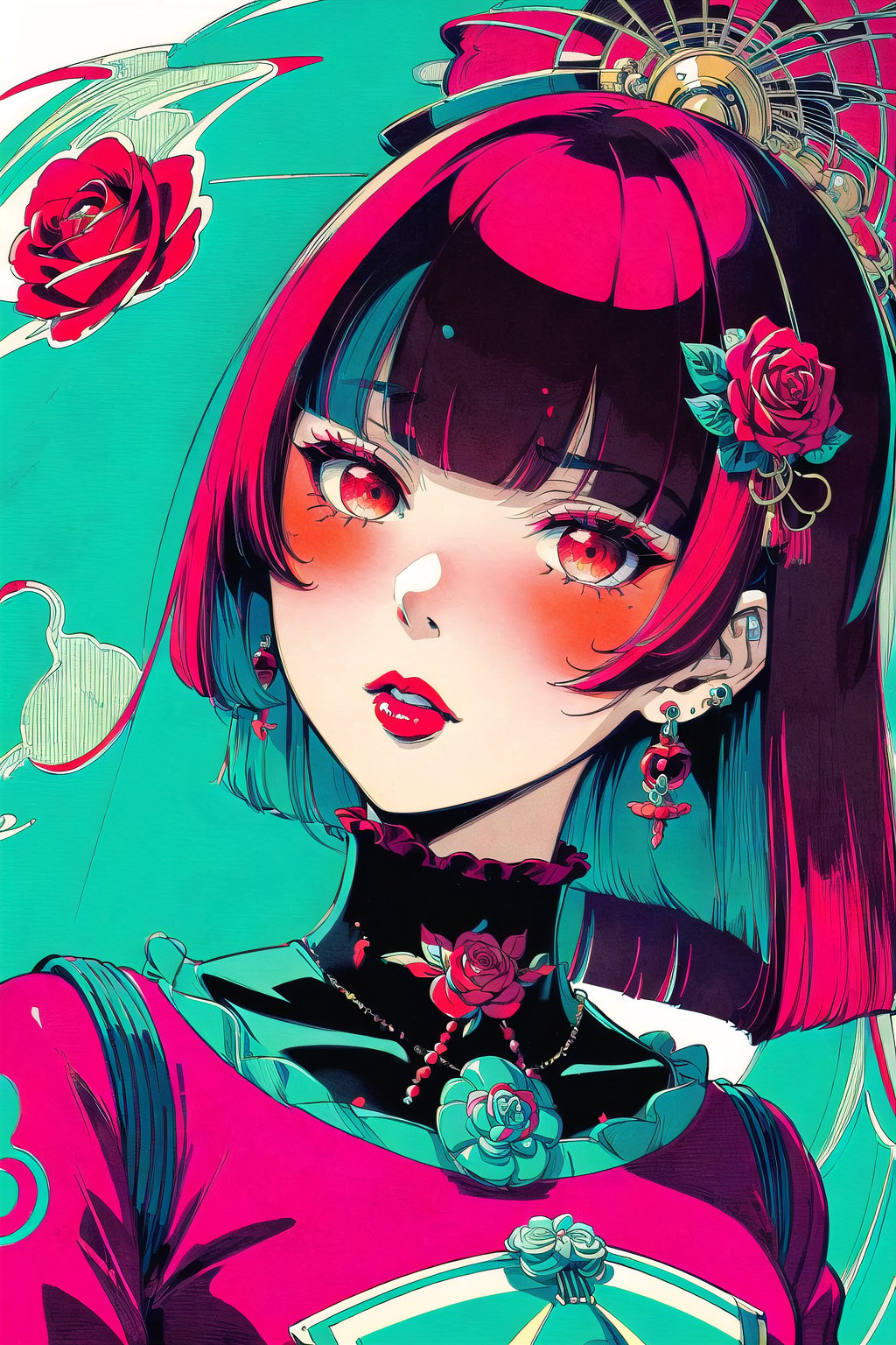 (Masterpiece), (highres), 8k, manga, digital illustration, 2d, retro artstyle, monochrome, partially colored,(ultra-detailed portrait of a woman,solo, shaded face, red rose, red theme, confident, jewelry, colorful, frill trim, extremely detailed, detailed face, lipstick, straight hair, bangs,stylish, expressive, blush, looking to the side, head tilt, cowboy shot, fully clothed, (8k resolution),post00d,Hajime_Saitou,,quju,Oiran,sugar_rune,sweetscape,hirom1tsu<lora:EMS-91280-EMS:0.400000>, <lora:EMS-269853-EMS:0.000000>, <lora:EMS-352161-EMS:1.300000>