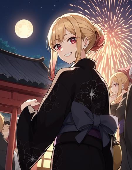 score_9, score_8_up, score_7_up, source_anime, marinkitagawa, <lora:marin-kitagawa-ponyxl-lora-nochekaiser:1>, marin kitagawa, long hair, bangs, blonde hair, red eyes, multicolored hair, smile,japanese clothes, kimono, bag, sash, obi, floral print, yukata, (black kimono:1.5), hair bun, single hair bun,outdoors, shrine, fireworks, festival, night sky, moon, starry sky,looking at viewer, cowboy shot, dutch angle, dynamic pose,