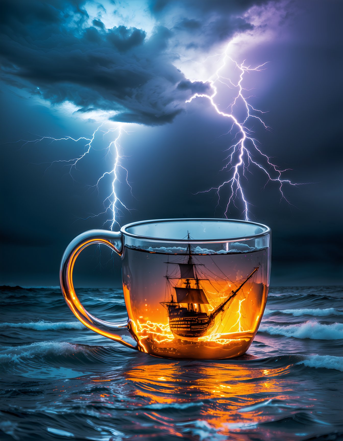 (best quality, 4K, 8K, high-resolution, masterpiece), ultra-detailed, photorealistic, cup containing a stormy sea with a ship, lightning-filled storm cloud, dramatic, surreal scene, dark, contrasting colors.,