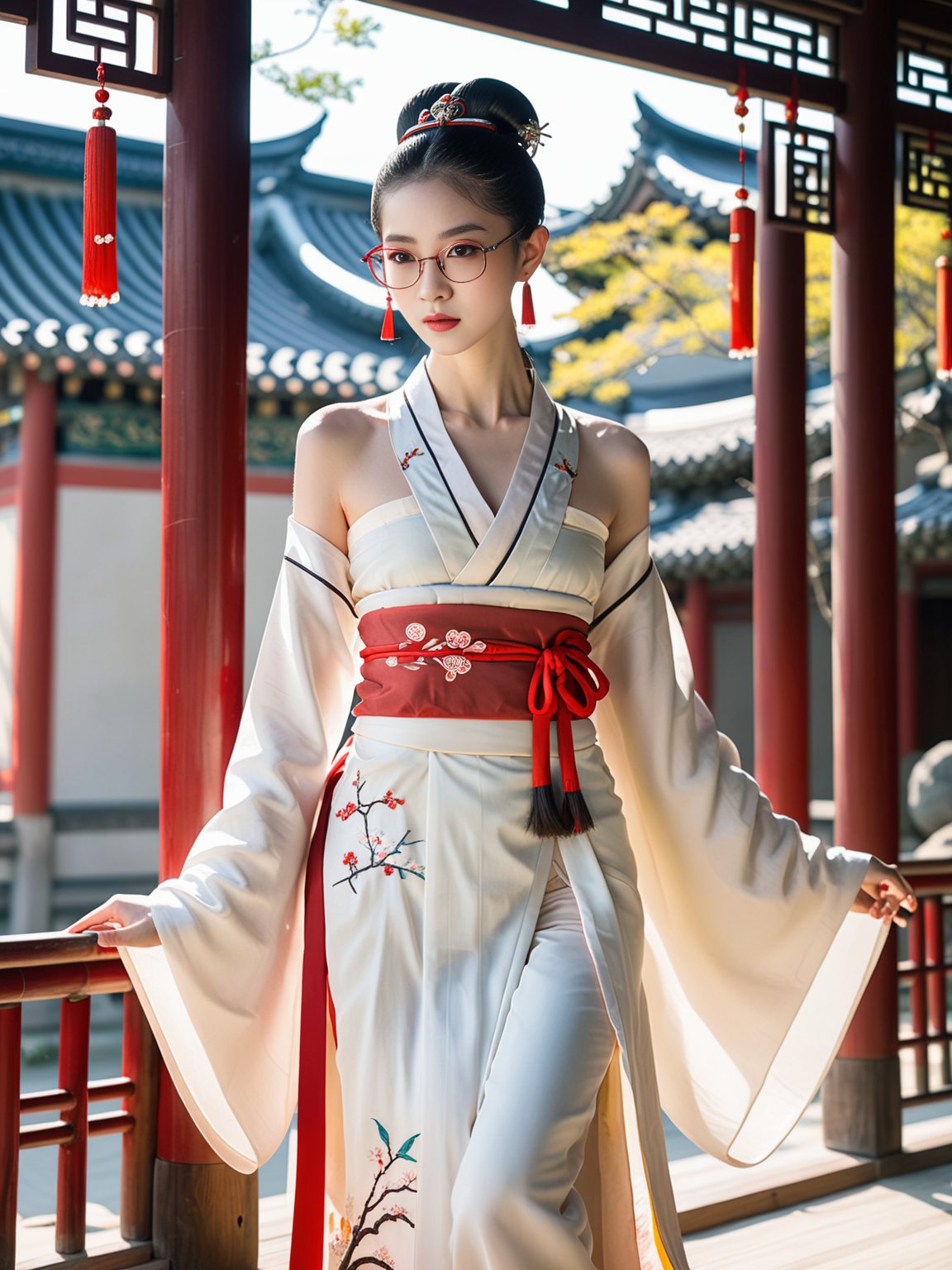 1girl,,hanfu,Slender figure, black long hair, bun, hairpin, hair strands, sunlight shining through the hair strands, slim framed glasses, red glasses, earrings, collarbone, bare shoulders, embroidered material clothes, large chest, thin waist, side open clothes, white long legs, hands on waist，<lora:0707qipao16:0.5>,, masterpiece,best quality   ,  good structure,Good composition,good atomy  ,   clear, original,beautiful  ,