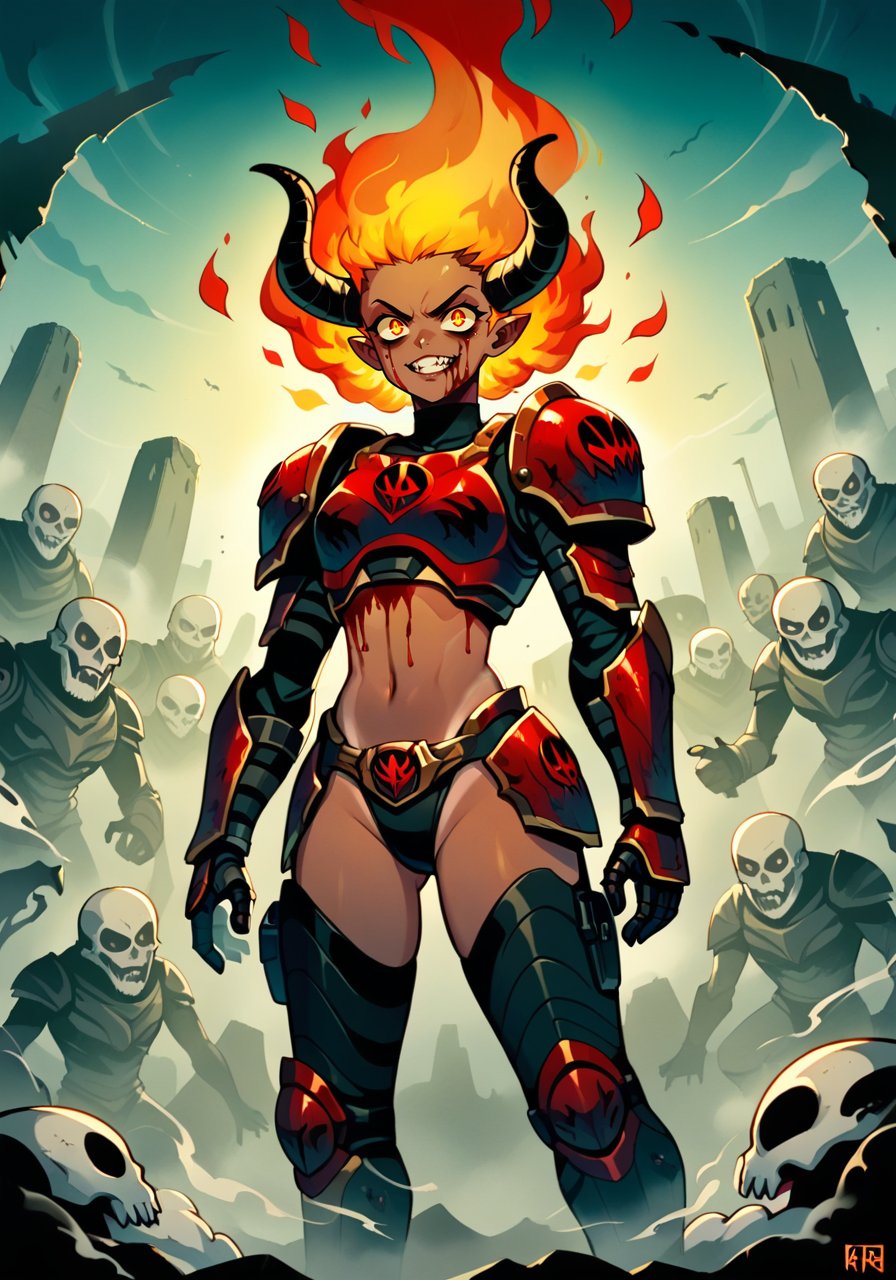 score_9, score_8_up, score_7_up, score_6_up, high quality, masterpiece, 8k, highres, detailed, a thigh shot portrait of a young woman, tanned skin, (she is a demon with black horns on her head), (wearing a full black Mech pilot armor), evil, bloody face, blood on armor, long ash blond hair, ((she is standing victorious on a pile of skulls and bones, smoke, fog, fire in the background)l