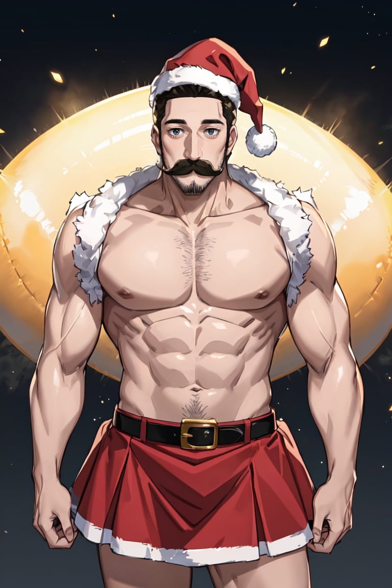 masterpiece, best quality, ultra-detailed, glistening shiny, glowing light, ray tracing, HDR, deph of field,(perfect face, detailed face) , 1boy, <lora:Alaindelon:0.7>, alaindelon, mustache, facial hair, muscular,  crossdressing, santa, santa hat, (short skirt), standing