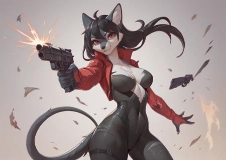 score_9, score_8_up, score_7_up, best quality, highest scoreanthro furry female, body suit, looking at viewer, damaged clothing, aiming a gun<lora:Melowh_Artist_Style_PonyXL:1>