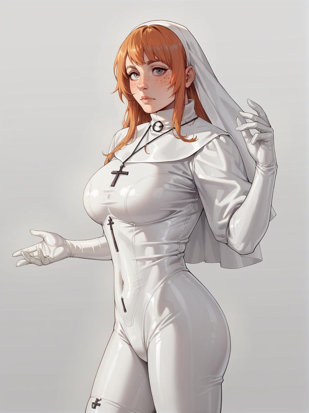 source_anime, score_9. score_8_up, score_7_up, score_6_up, score_5_up, score_4_up, (plump:0.3), large breasts, ginger hair, 1girl,  <lora:Ch0w13nunPXL:0.6> ch0wb13nun, long hair, bodysuit, cross, white bodysuit, nun, white latex, latex bodysuit, simple background, 