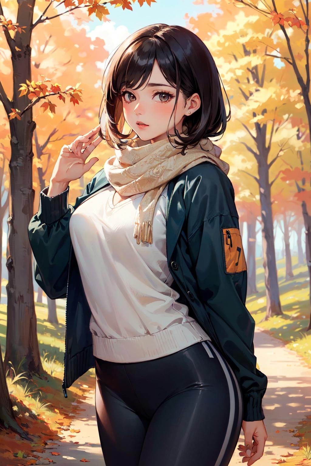 (masterpiece, best quality, hires, high resolution:1.2), (beautiful, aesthetic, perfect, delicate, intricate:1.2), (cute, adorable), (depth of field:1.2), (1girl, solo), (a sexy mature woman), (wearing sweater and hiking jacket), (yoga pants), scarf, (at forest), (fall, autumn), (cowboy shot:1.4),
