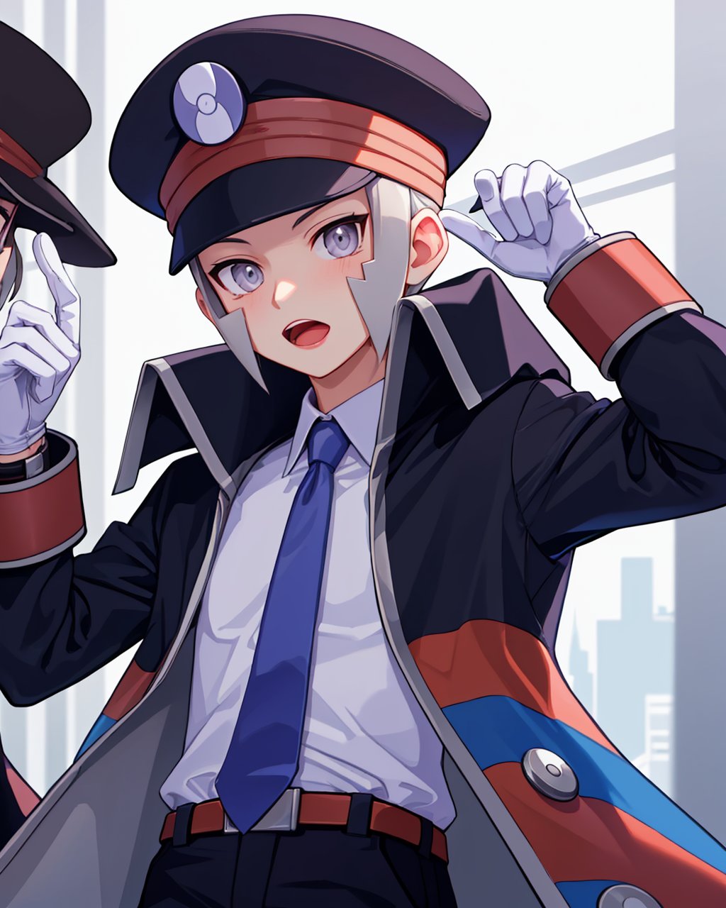 masterpiece,best quality, highly detailed, ingo (pokemon),1boy, male focus, solo, white shirt, black coat, white gloves, black headwear, collared shirt, black pants, hand on headwear, brown belt, trench coat, long sleeves, long sideburns, peaked cap, high collar, purple necktie, belt buckle, open mouth, dress shirt, pointing, open coat, looking at viewer, blue necktie,<lora:ingo_(pokemon):1>