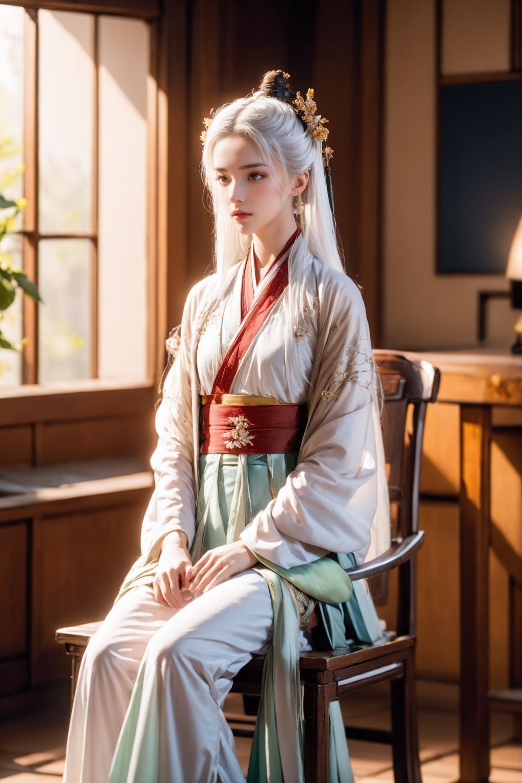 Dqsj,1Girl,solo,(white hair: 1.3) (white Hanfu:1.3),circular mural,stone,half body close-up,(sitting on the Grand Tutor's Chair:1.3),autumn theme,indoor,simple background,cinematic sense,scale and narrative sense,ethereal scene,peaceful solitude,stunning contrast and shadows,8k,photography,ultra detailed,surreal,masterpiece,depth of field,bright colors,superlight compensation,caustics,