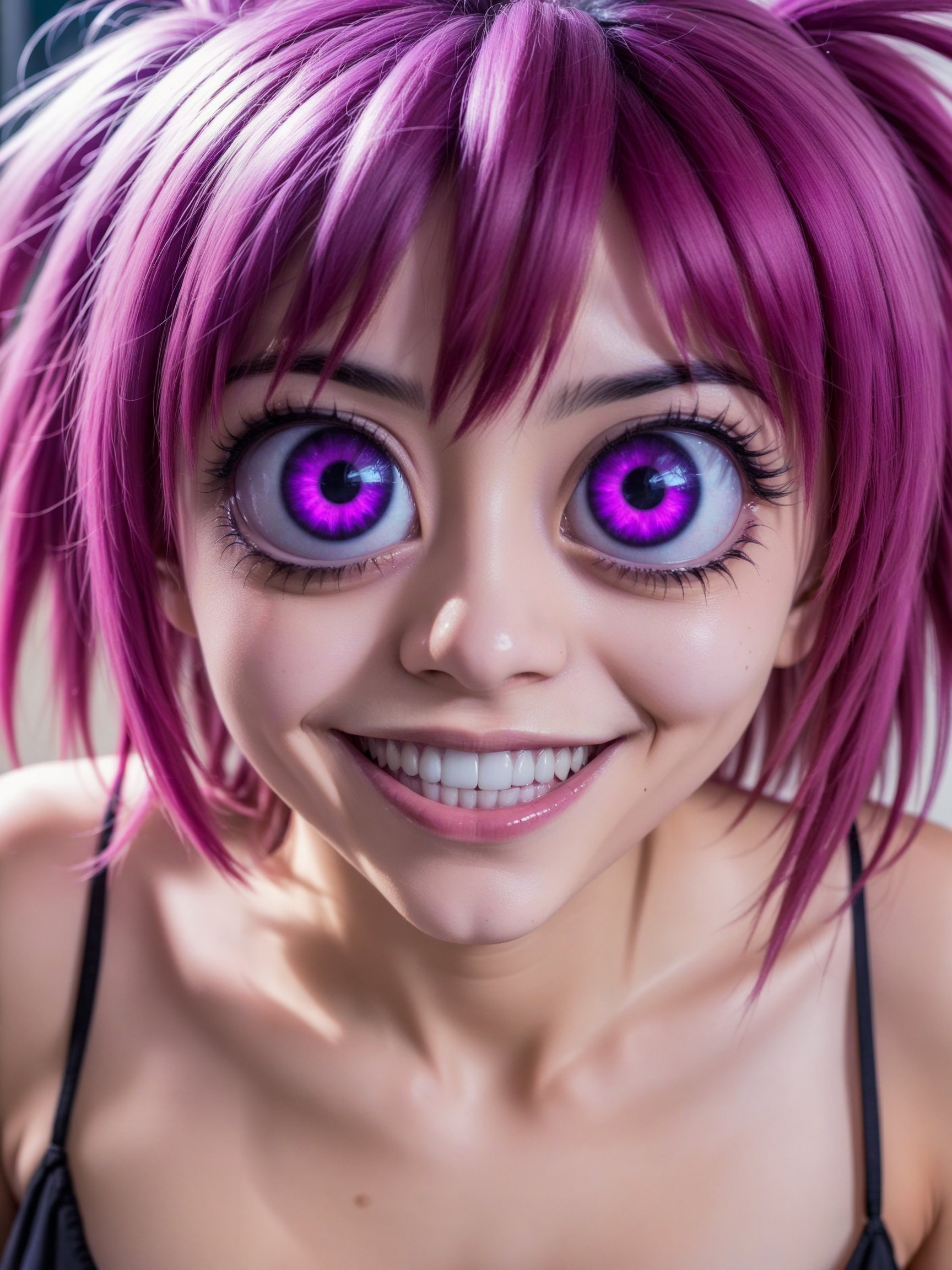 <lora:bigeyes-v2_16x8-4x1-000003:1>,a realistic photograph of woman with anime hair and huge purple anime eyesgrinning