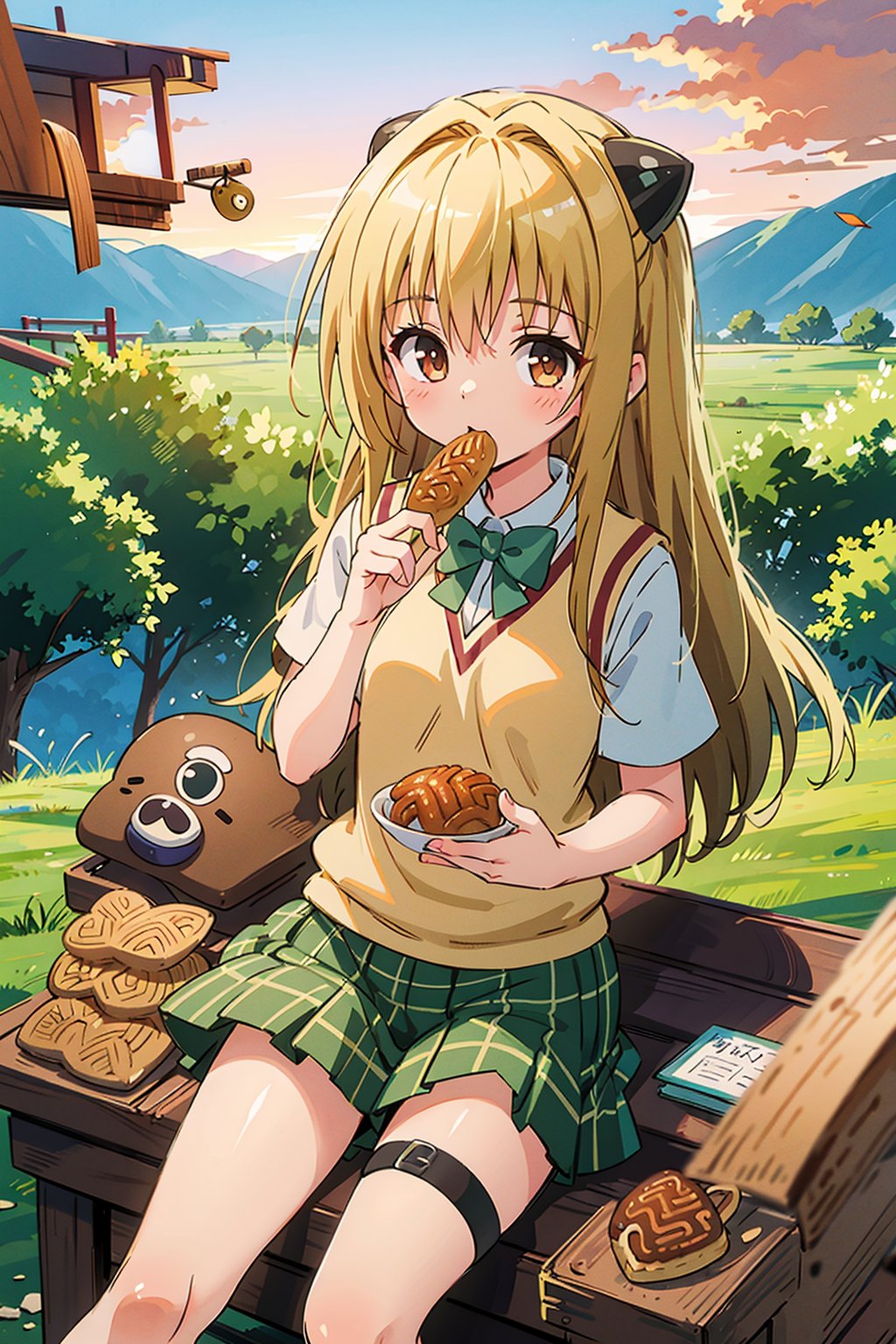 masterpiece, best quality, konjiki no yami, 1girl, school uniform, sweater vest, plaid skirt, hair ornament, sitting, thigh strap, taiyaki, eating,  esert, horseback riding, adventure, wide-open space, (sunset:1.1), (exploration:1.2), looking at viewer, <lora:toloveall_V2-000006:0.7>