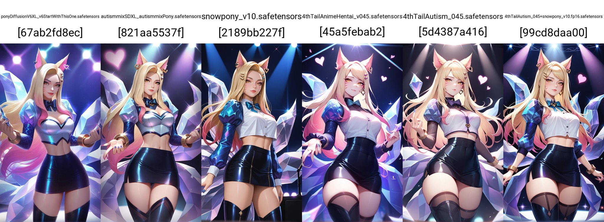 score_9, score_8_up, score_7_up, score_6, score_5, score_4, masterpiece, best quality,concert stage, league of legends, ahri (league of legends), k/da ahri, blonde hair, earrings, facial mark, fox ears, k/da (league of legends), long hair, yellow eyes, wide hips, thick thighs, 1girl, multicolored hair, gradient hair, hairclip, bowtie, black cropped shirt, black juliet sleeves, black long sleeves, midriff, fox tail, black skirt, multiple tails, nail polish, crystal, heart, stockings, thigh boots, dark theme, 