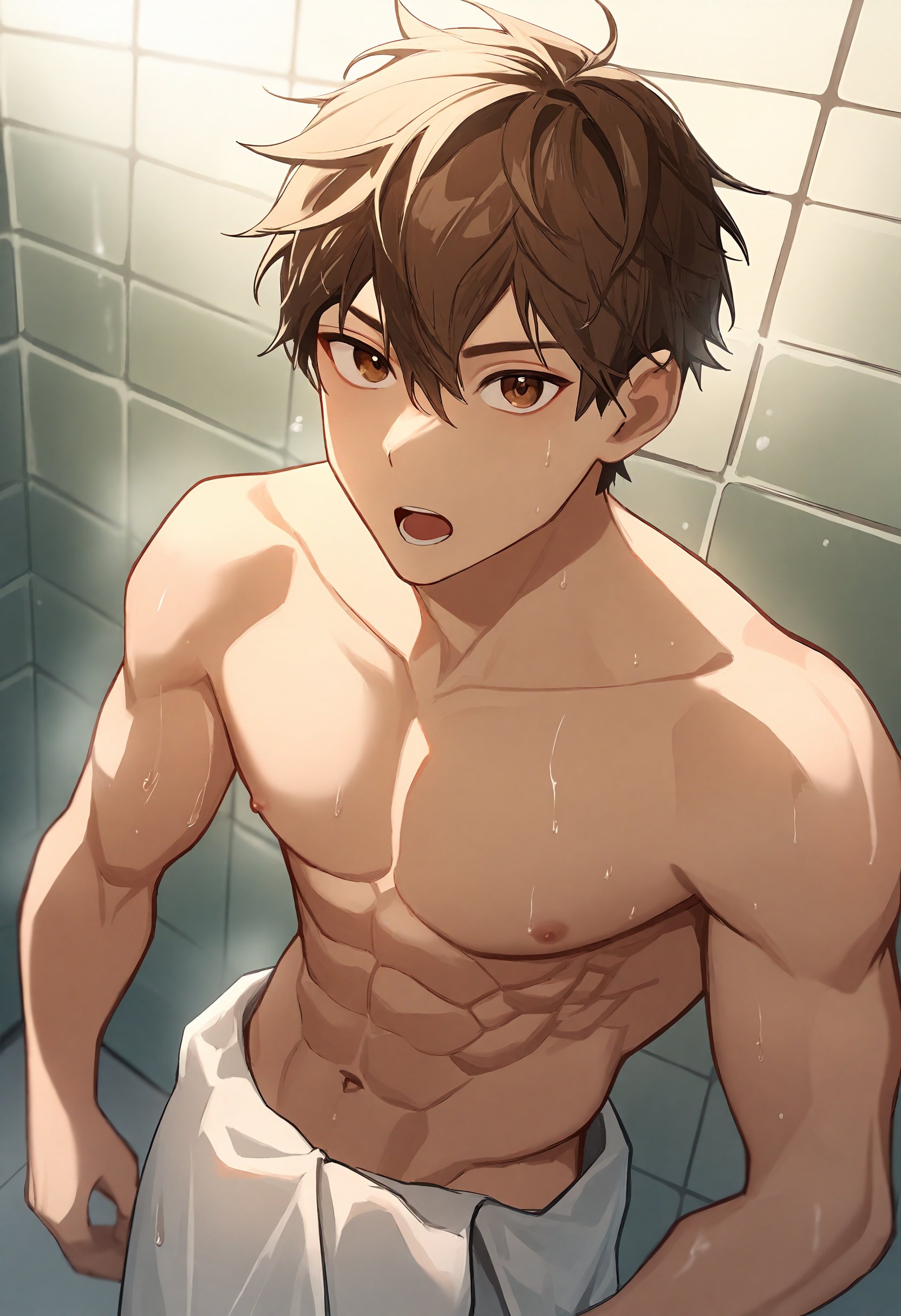 1boy, solo, male focus, topless male, naked towel, towel, muscular male, muscular, nipples, abs, navel, brown hair, brown eyes, short hair, looking at viewer, open mouth, bathroom, tile wall, tile, wet, steam, indoors, best quality, amazing quality, best aesthetic, absurdres, year 2023