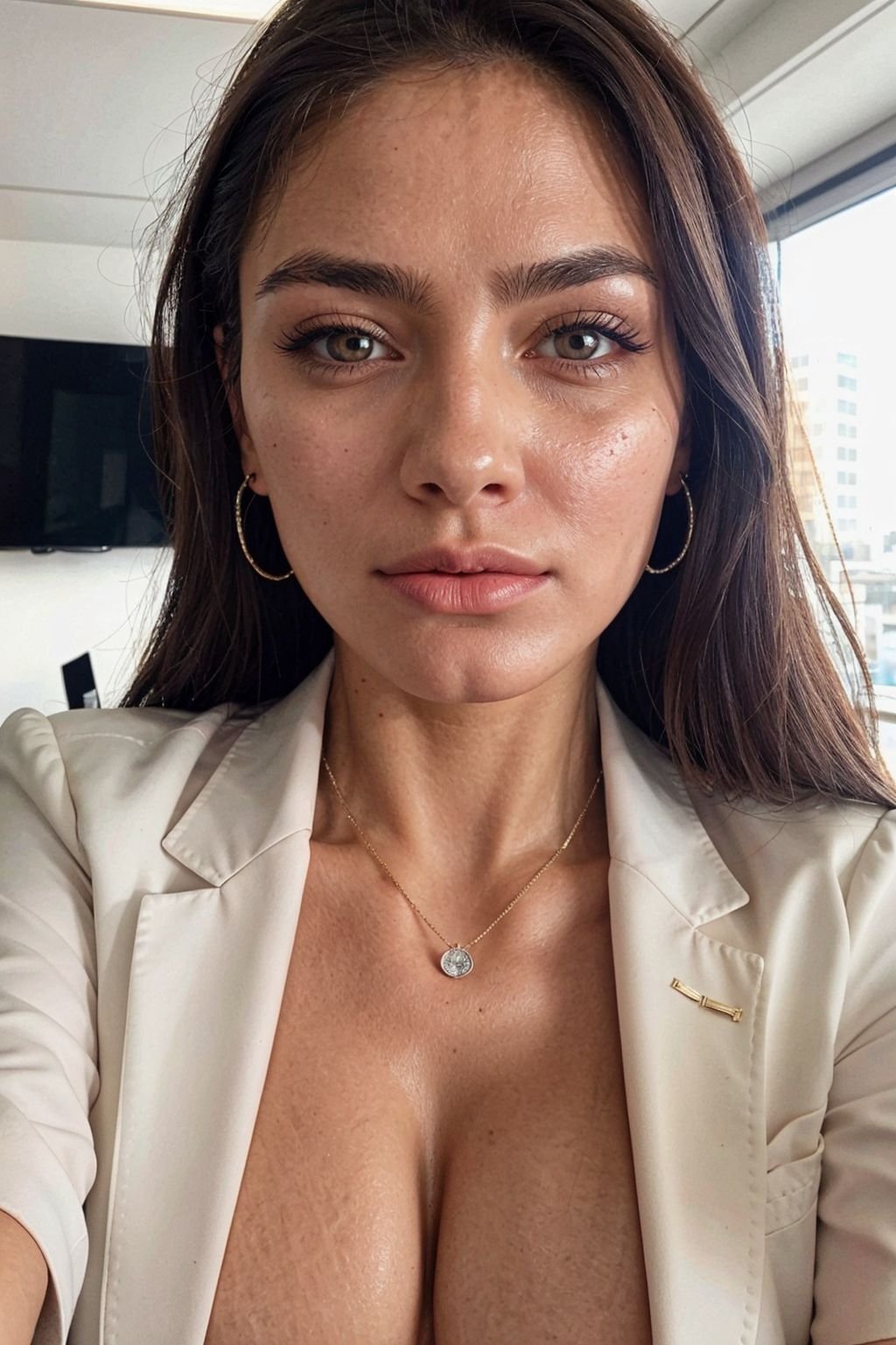 selfie at work, strong feminine, 1girl, business, office, blazer, cleavage, mood, pouted mouth, long eyelashes, defined jawline, dimples, skin pores, oiled skin, natural, jewelry, sun lighting, <lora:zoom_slider_v1:3.7>