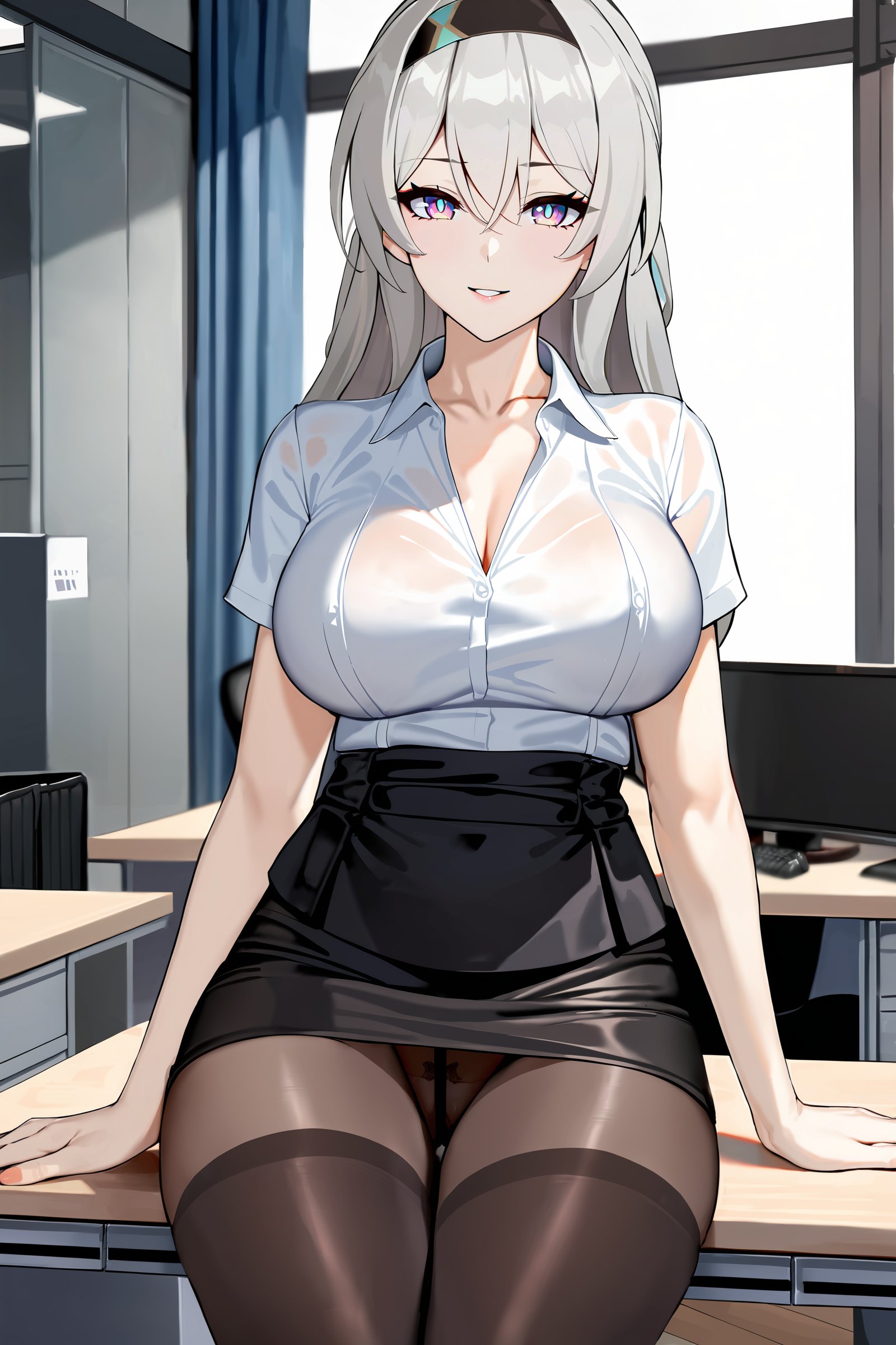 1girl, firefly \(honkai: star rail\), hairband, solo, office lady, collared shirt, white shirt, pencil skirt, black thighhighs, cowboy shot, looking at viewer, office, sitting on desk, indoors, depth of field, seductive smile, looking at viewer, spread legs, pantyhose, <lora:face-sensualface_type2:0.8> , masterpiece, best quality, high quality, highres, ultra-detailed, <lora:Char-HonkaiSR-Firefly-XL-V1:0.9>