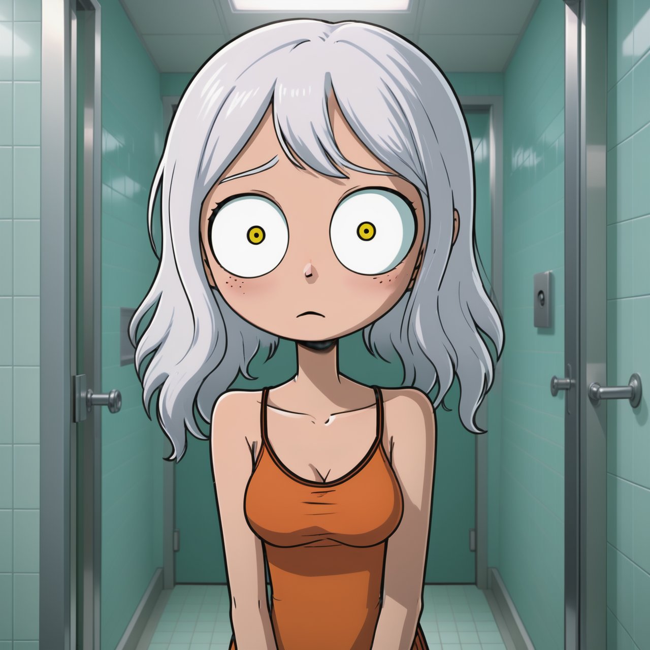 <lora:crt-000007:0.8> screenshot from a Lost deep web anime, white haired, hime cut girl locked in a public bathroom, ominous setting