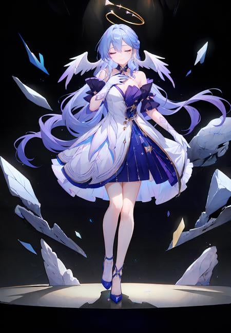 ((masterpiece,best quality)), 1girl, robin, head wings, halo, white gloves, high heels, standing, hand on own chest, dark background, stage, blue spotlight, closed eyes, closed mouth, smile, depth of field,