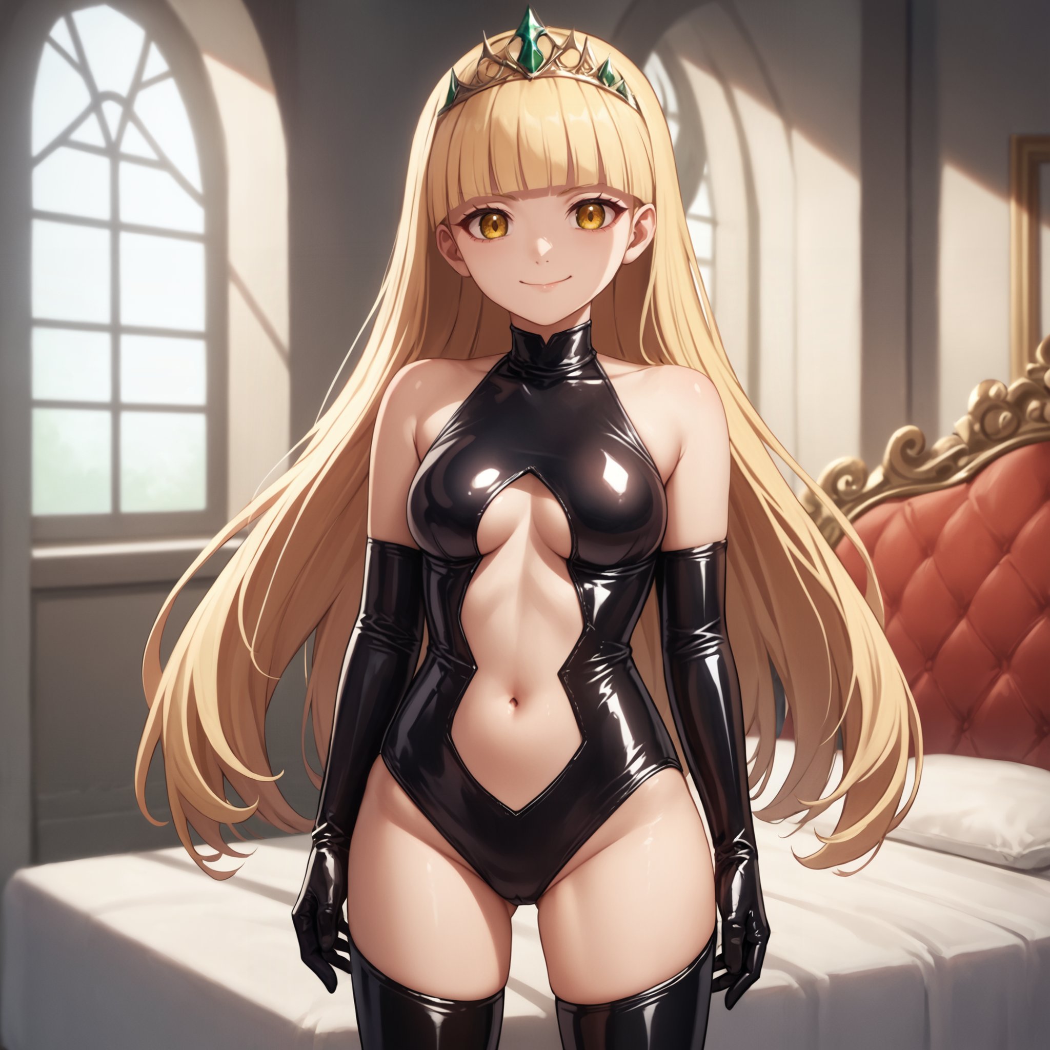 score_9, score_8_up, score_7_up, source_anime, tiara royal ivy, blonde hair, long hair, blunt bangs, yellow eyes, medium breasts,  1girl, evil smile, closed mouth, latex princess, stomach cutout, bare shoulders,solo, cowboy shot, standing, indoors,  <lora:latex-princess3-005:0.8> <lora:tiara_royal_ivy:1.0>