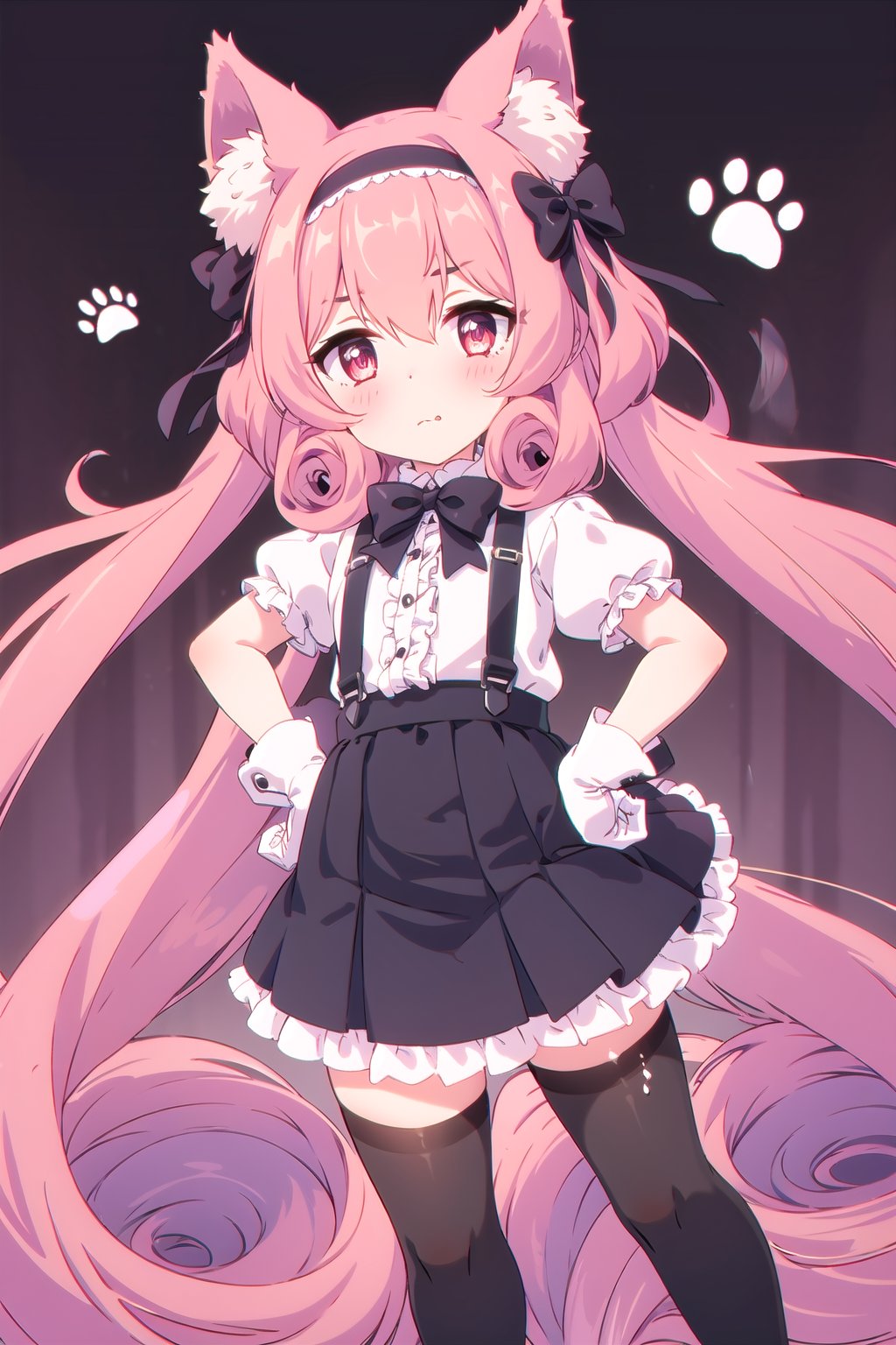 1girl, animal_ears, black_legwear, black_skirt, bow, closed_mouth, frills, hairband, hand_on_hip, looking_at_viewer, paw_gloves,puffy_short_sleeves,  shirt, skirt, solo, suspender_skirt, suspenders, tail, very_long_hair, white_background, white_shirt, nnk <lora:nnk1:0.7> <lora:pcr-000012:0.7>