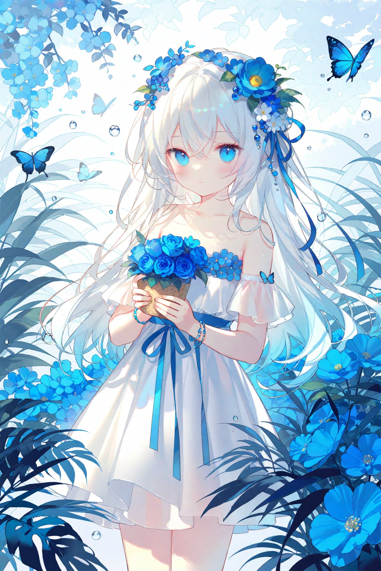 Artist:ask (askzy),Artist:chen bin,Artist:onineko,1girl,flower,solo,hair ornament,dress,bug,butterfly,blue eyes,hair flower,long hair,holding,looking at viewer,blue flower,white dress,blue butterfly,bare shoulders,food,fruit,hair between eyes,strapless dress,strapless,jewelry,collarbone,white hair,blush,ribbon,standing,plant,closed mouth,bracelet,water drop,blue ribbon,leaf,