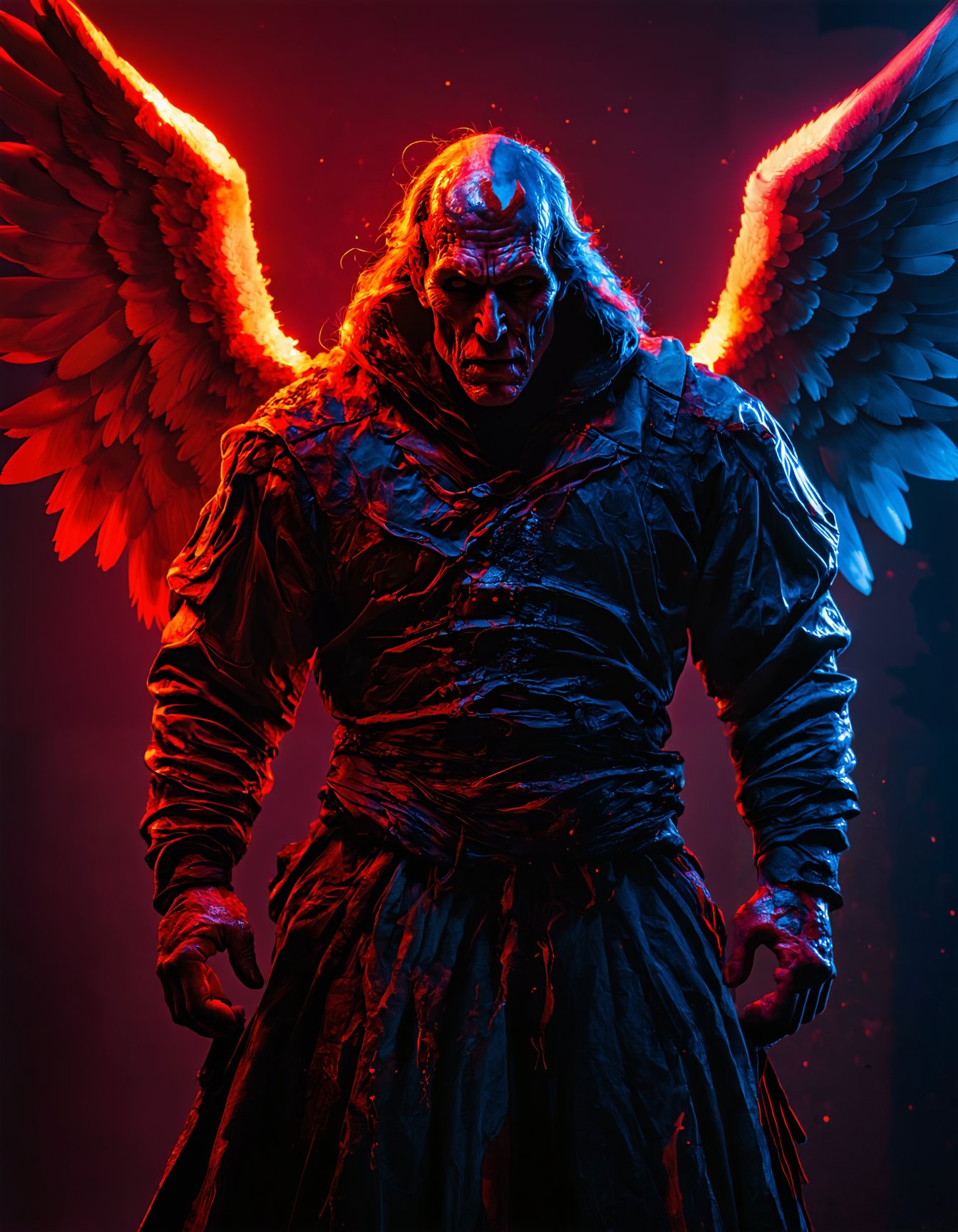 (best quality,4k,8k,highres,masterpiece:1.2),ultra-detailed,(realistic,photorealistic,photo-realistic:1.37),illustration,dark silhouette of a rotten archangel man,ghostly figure,neon lights,light particles,colorful,red,black colors,strong backlighting