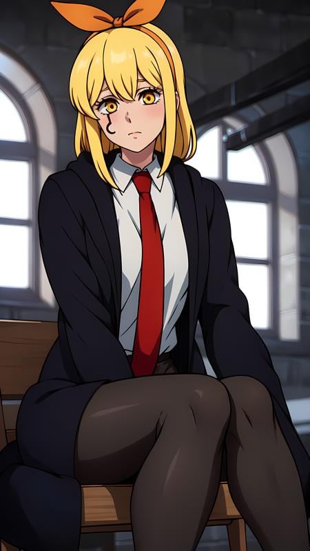 masterpiece, best quality, high resolution, highly detailed, HDR, intricate detail, ultra detailed,BREAK<lora:Lemon Irvine_moewaifu974:0.8>_yellow eyes_yellow hair_ sidelocks_hair ribbon_mark faceBREAK(shirt, black long coat, red tie,black very long, knee-length dress,highthighs ,pantyhose opaque:1.3)BREAK(from_below:1.3)_ (cowboy_shot:1.4)( Sitting with one arm on your lap:1.5)_ looking_at_viewerBREAKkkw-m-bbBREAKfull blush