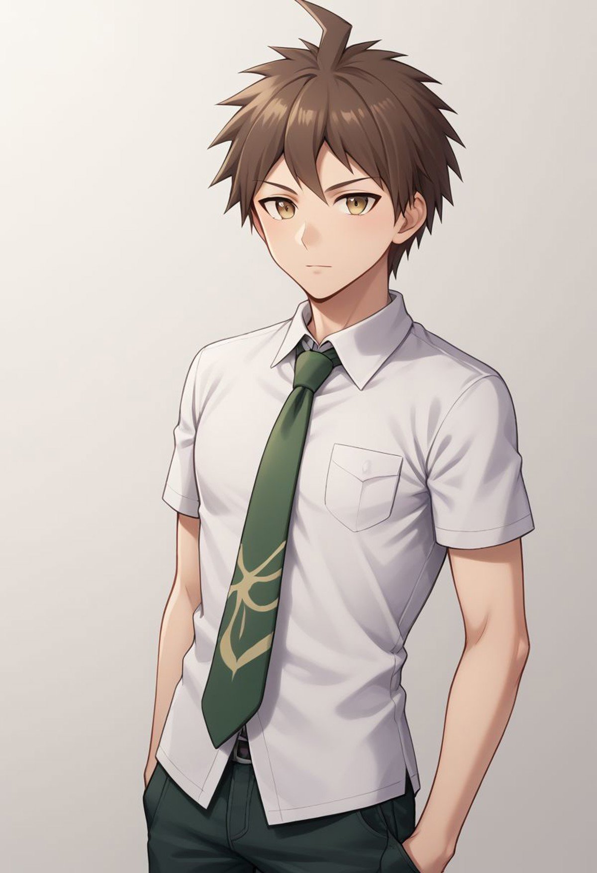 score_9, score_8_up, source_anime, highly detailed, 1boy, solo,hinata, 1boy, male focus, solo, necktie, pocket, brown hair, upper body, short hair, pants,shirt, breast pocket, bangs, ahoge, short sleeves, looking at viewer,indoor,