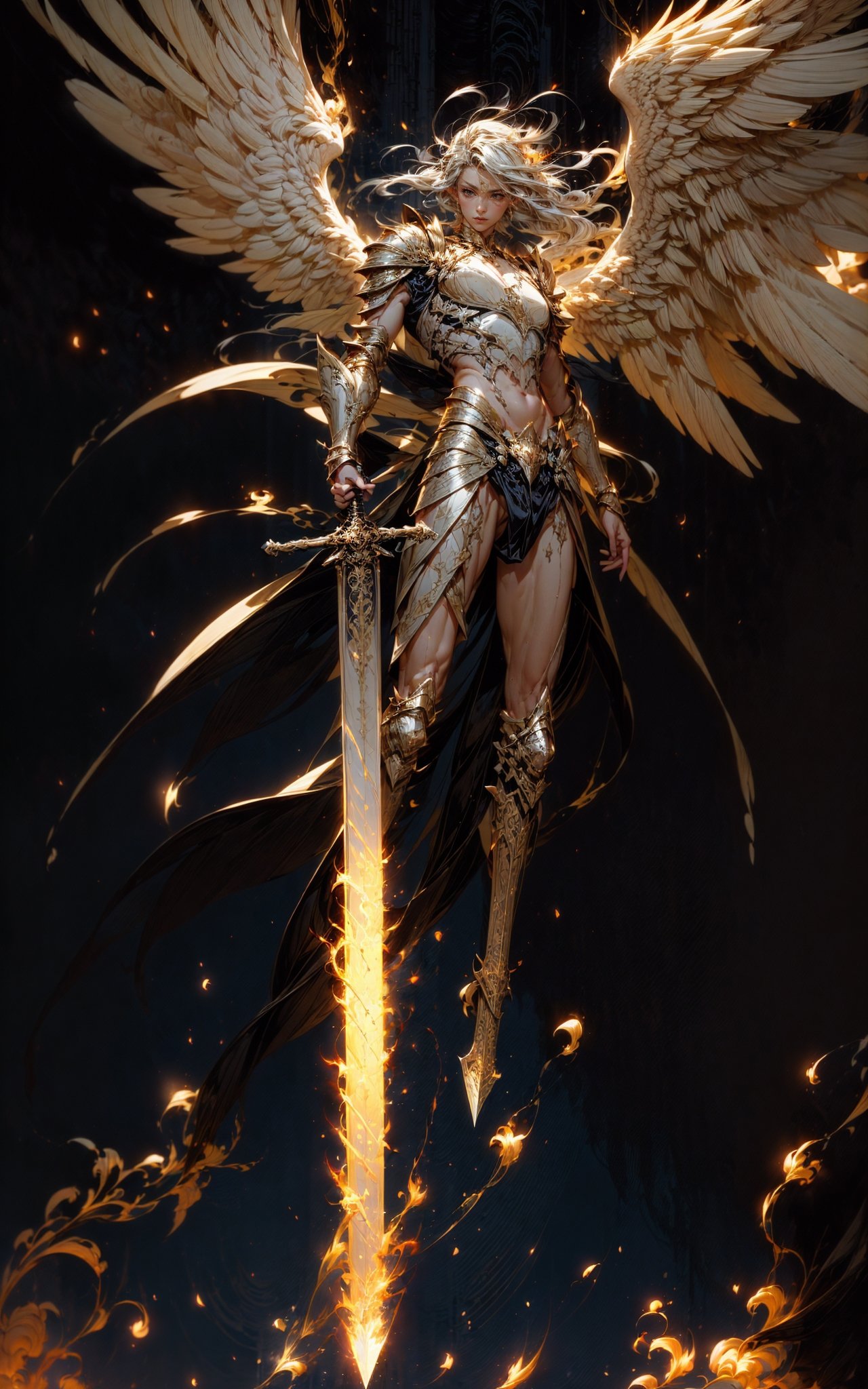 angel,Super powerful flame angel flies out of the clouds, behind him is golden meteor magic surrounding his body, Gothic style, gorgeous golden armor, huge flame great sword, rich background, sword art background, film shooting, depth of field, Super visual, Super visual ,(exposed shoulders，bare shoulders，exposed abdomen:1.3)，Flamboyant armour，Angel wings. Huge angel wings，<lora:绪儿-巨剑大天使V2 angel:0.8>