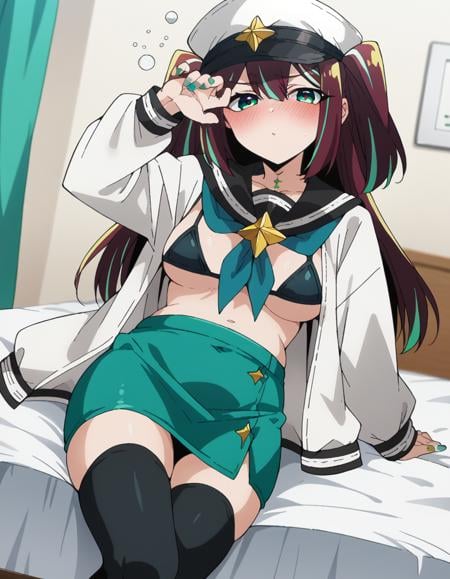 score_9, score_8_up, score_7_up, source_anime,matamaakoya, <lora:matama-akoya-ponyxl-lora-nochekaiser:1>matama akoya, long hair, brown hair, green eyes, multicolored hair, aqua eyes, two side up, streaked hair,skirt, thighhighs, long sleeves, hat, jacket, swimsuit, bikini, open clothes, black thighhighs, sailor collar, star \(symbol\), nail polish, neckerchief, black bikini, white headwear, bikini top only, white jacket, green skirt, pencil skirt, green pencil skirt, covered navel,indoors, bed, bed room, on side, blush, drunk,looking at viewer, dutch angle, cowboy shot