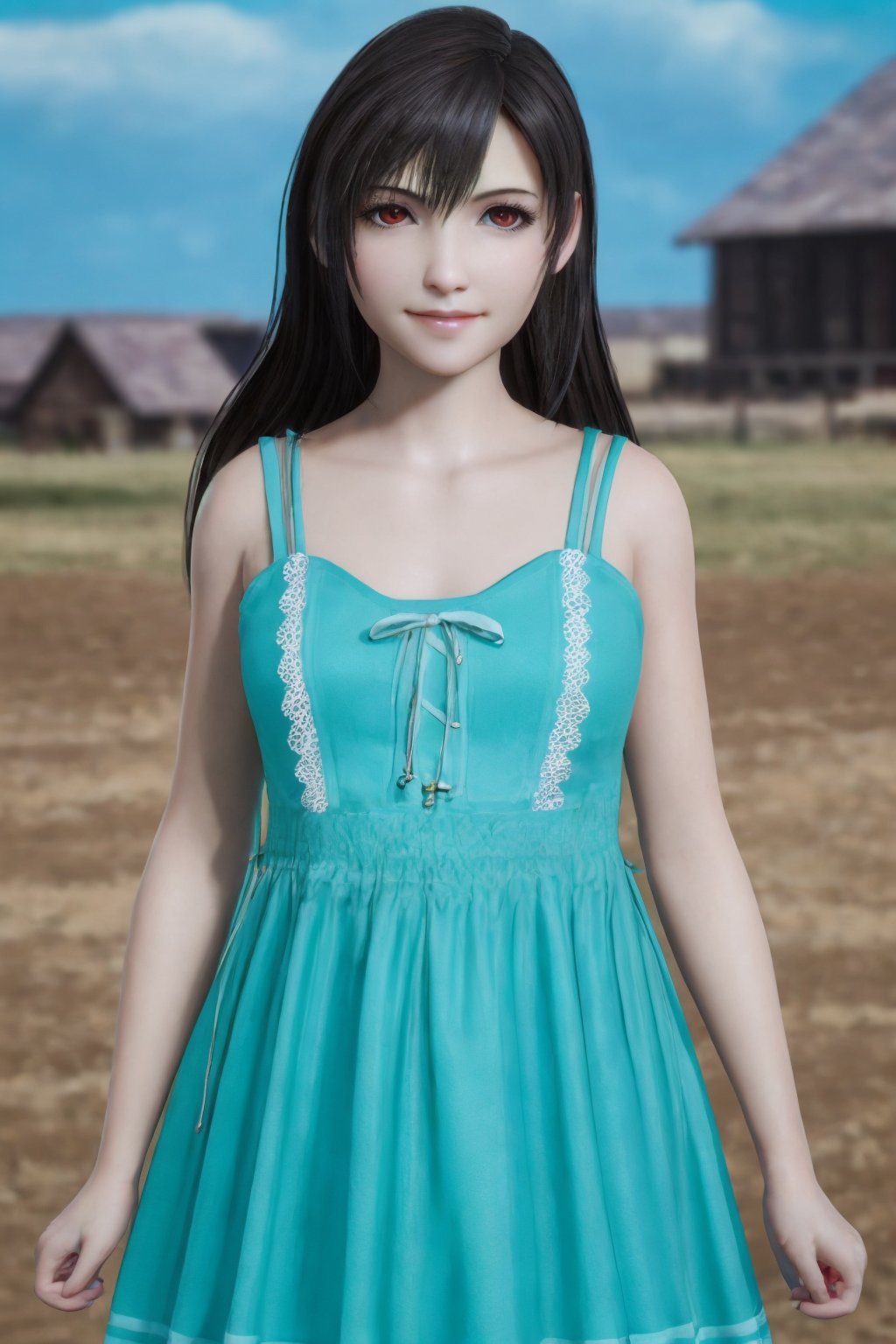 best quality, masterpiece, highres, detailed eyes, detailed face,ultra detailed, (cowboy shot:1.2), day, outdoors, solo focus,tifa1, solo, looking at viewer, realistic, tifa_aqua_dress, standing, little smile,<lora:tifa in flashback v2-000009:0.8>