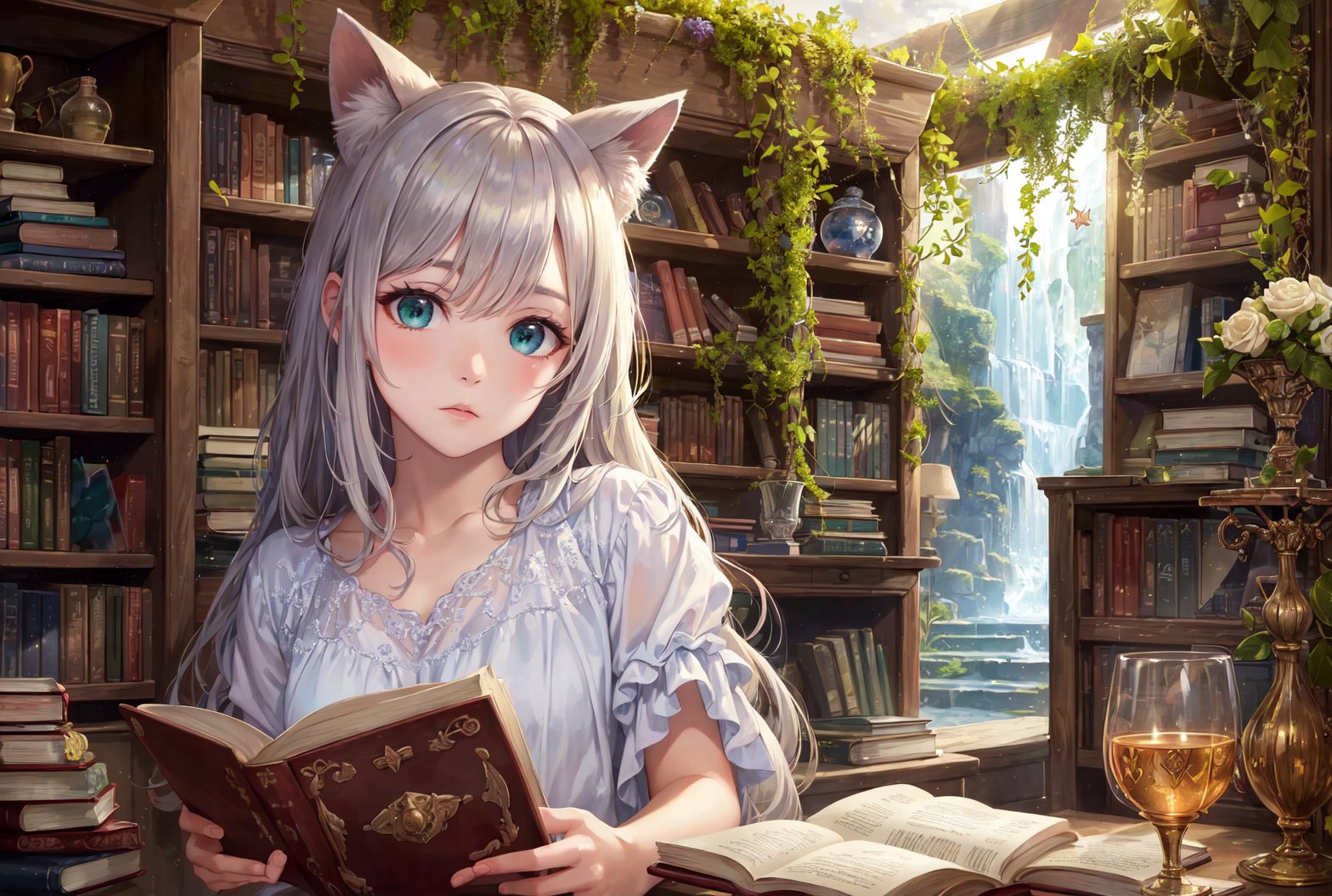 (8k, best quality, masterpiece:1.4), ultra high res, amazing, (realistic:1.48), (kpop idol), 1girl, solo, swept back hair, blue sky, books, notebooks, ultra detailed moss green eyes, (scenery), (lens flare), detailed background, bookshelf, book stack, too many books, 1 girl cat ears silver long hair, (bottles sphere:0.5), golden light, mana light, star trail, (open library:1), detailed lighting, soft lighting colorful, beach scenery, ray light, white gown, many crystals in wooden chest, golden light, (crystal:daylight:0. 6), botanical ornaments, botanical books, potion in glass bottle, :o