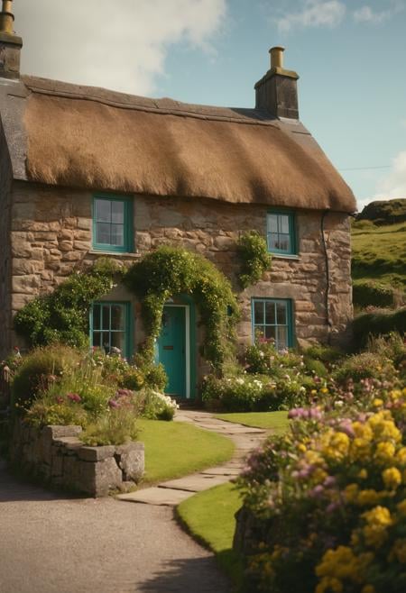 a beautiful cottage, scotland coastal village, (sharp focus:1.2), extremely detailed, (photorealistic:1.4), (RAW image, 8k high resolution:1.2), RAW candid cinema, 16mm, color graded Portra 400 film, ultra realistic, cinematic film still, subsurface scattering, ray tracing, (volumetric lighting)