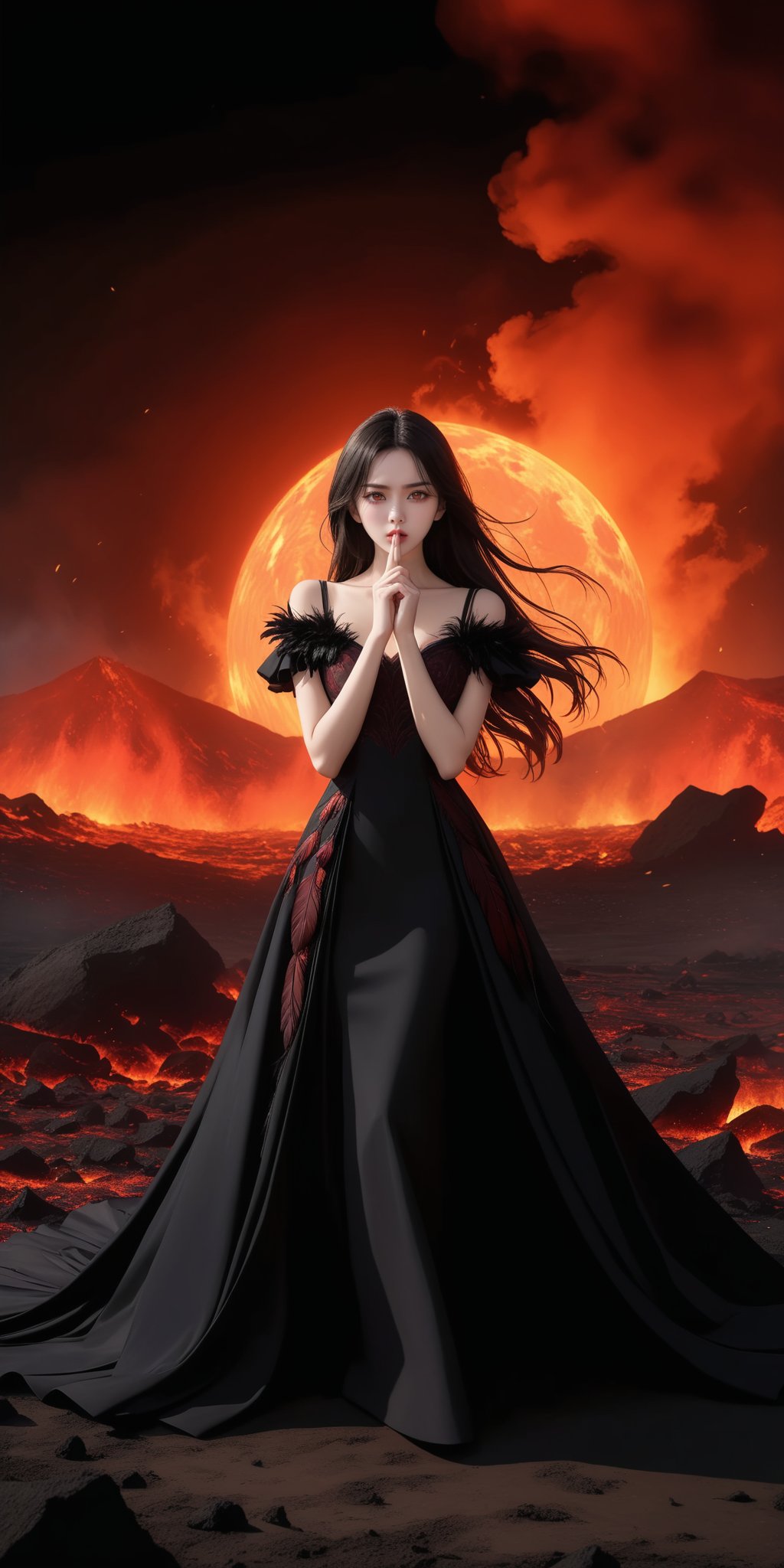 (black wind:1.4), 1girl,long_hair,facing viewer,standing,shushing,beautiful detailed eyes,exquisite dress, (annoyed face,:1.2),(pitch-black scorched earth:1.3), (black sun:1.2), (crimson boiling magma:1.1),(falling black feathers:1.3),8k,