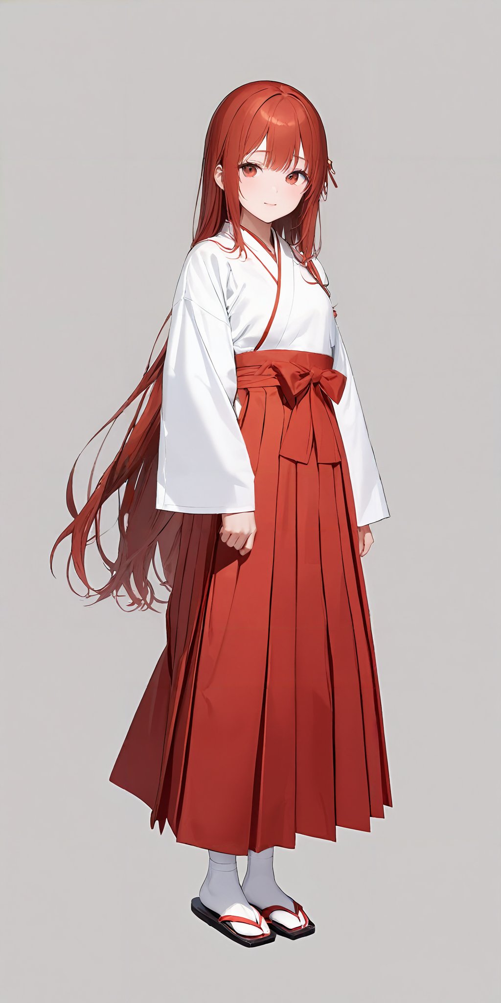 masterpiece,ultra-detailed,best quality,8K,illustration,cute face,clean skin ,shiny hair,girl,simple background, full body,<lora:add-detail-xl:1>    <lora:miko_XL_V1.0:0.6> jyojifuku, miko,red hakama