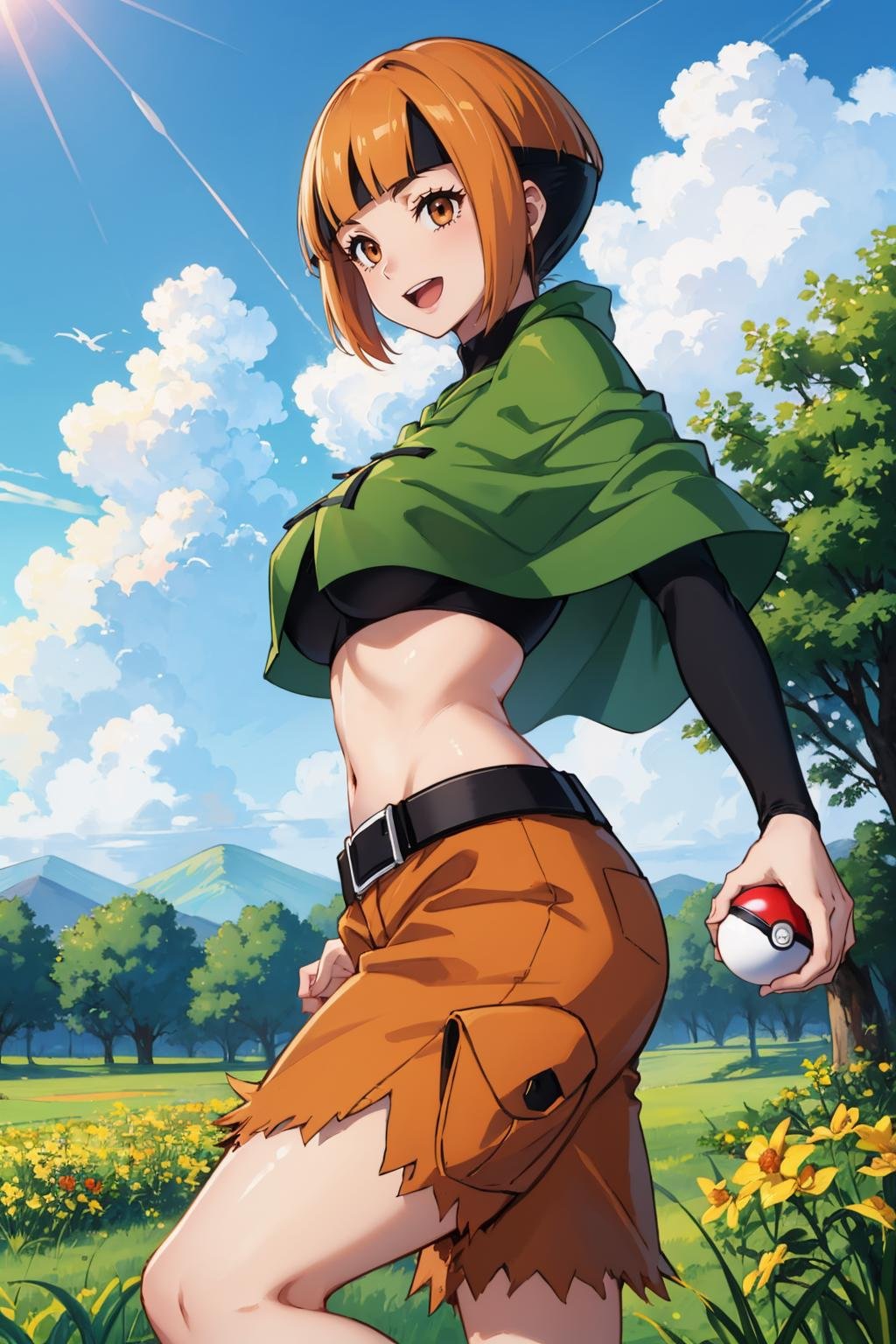 masterpiece, best quality,  <lora:gardenia-nvwls-v1-000008:1> natane, multicolored hair, green capelet, black shirt, long sleeves, midriff, belt, orange shorts, large breasts, green boots, furrowed brow, :D, holding poke ball, poke ball \(basic\), from side, standing, garden, field, sky, clouds