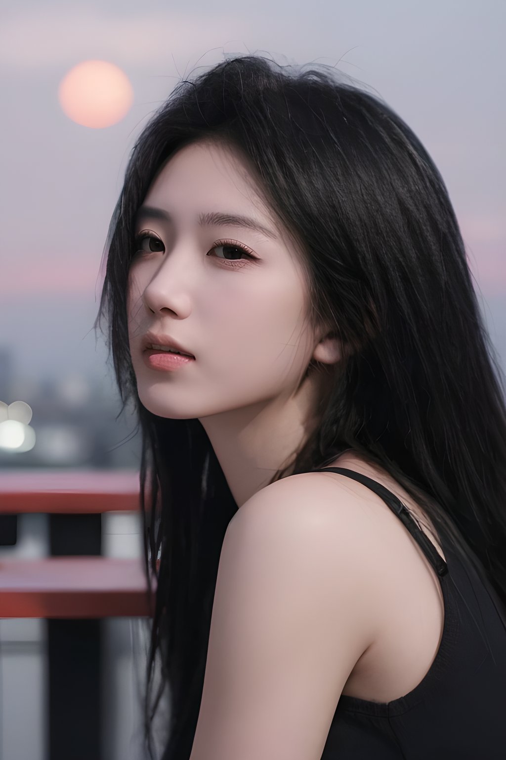 <lora:0830_01:0.7>,Frontal photography,Look front,evening,dark clouds,the setting sun,On the city rooftop,A 20 year old female,Black top,Black Leggings,black hair,long hair,dark theme,muted tones,pastel colors,high contrast,(natural skin texture, A dim light, high clarity) ((sky background))((Facial highlights)),, 1girl,realistic,masterpiece, best quality, photorealistic, HDR,detail