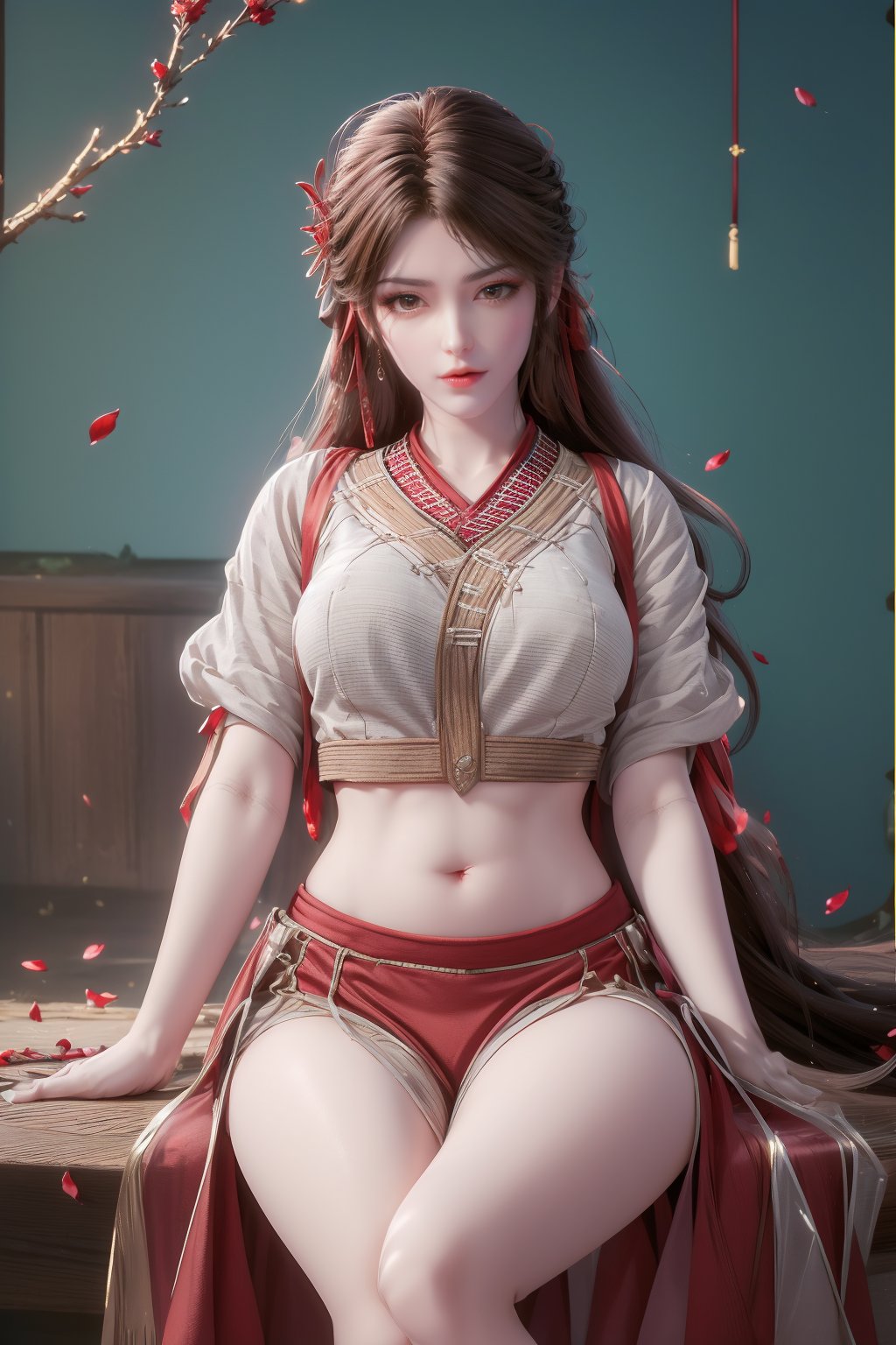 8k,RAW photo,best quality,masterpiece,hatching (texture),skin gloss,light persona,artbook,extremely detailed CG unity 8k wallpaper,official art,(high detailed skin),glossy skin,contrapposto,female focus,sexy,fine fabric emphasis,wall paper,leaning_on_object,leaning,1girl,solo,red_lips,makeup,very long hair,hair ornament,midriff,navel,fate/stay night,(red theme:1.4),depth of field,blue circle,snow,petals,branch,y-hd,s-hd,<lora:0405采桑女64:0.8>,ll-hd,<lora:1111白皙质感:0.5>,ty-hd,<lora:0110田野:0.6>,