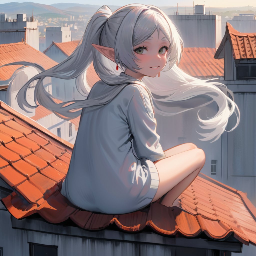 Digital art, masterpiece A detailed and cinematic wallpaper, a girl Frieren with a gentle smile sitting on rooftop, silver hair<lora:frieren_xl_2-000012:1>