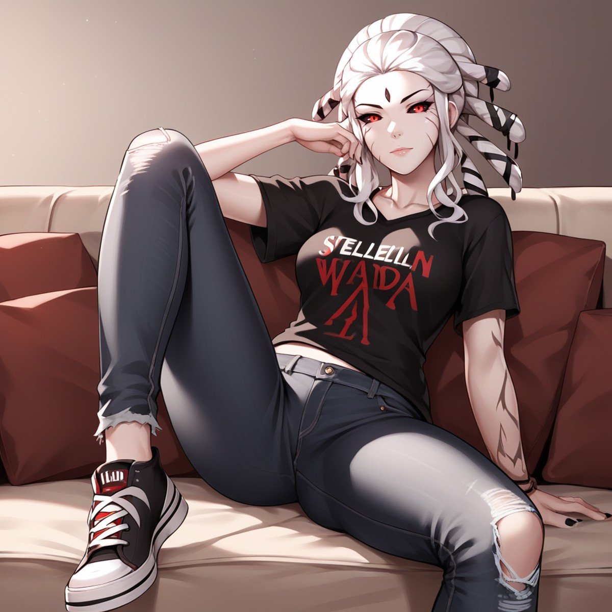 score_9,score_8_up,score_7_up,score_6_up,source_anime,rating_questionable,lounging on couch, cowboy shot, solo, 1girl,torn jeans, t-shirt, sneakers, casual, modern setting, <lora:Salem_-_RWBY:0.8> salem_rwby, red eyes, black sclera, facial mark, white hair,, zPDXL2,